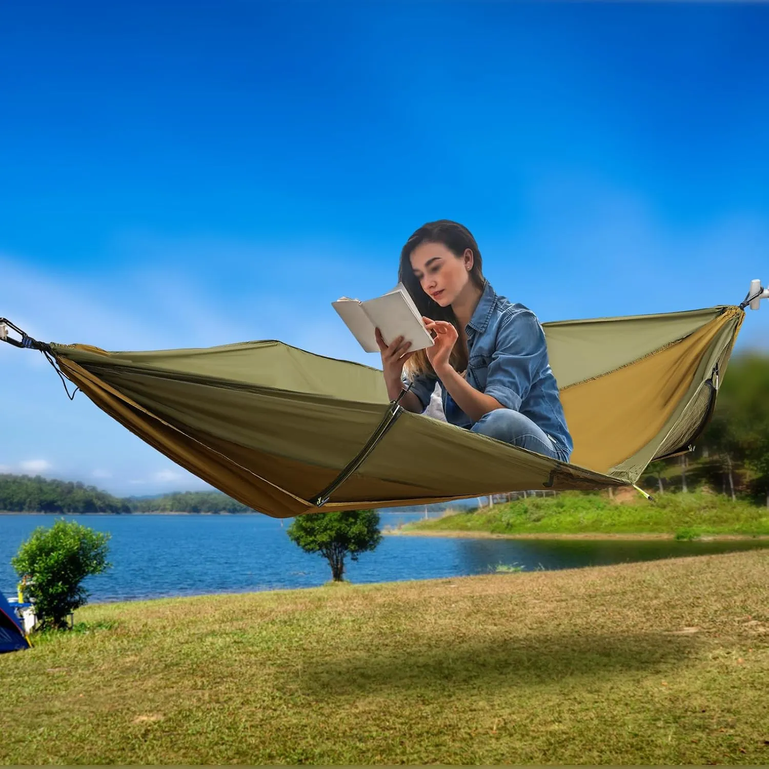 Camping Hammock with Mosquito Net, 2 Person Hammock Tent with Sunshade, Large Portable Double Single Hammock, Outdoor Mosquito Net for Camping Backpacking Backyard Hiking (Green)