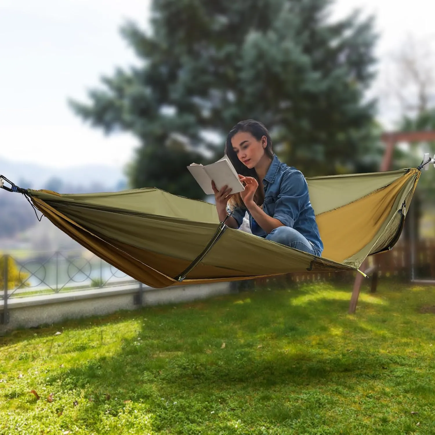 Camping Hammock with Mosquito Net, 2 Person Hammock Tent with Sunshade, Large Portable Double Single Hammock, Outdoor Mosquito Net for Camping Backpacking Backyard Hiking (Green)