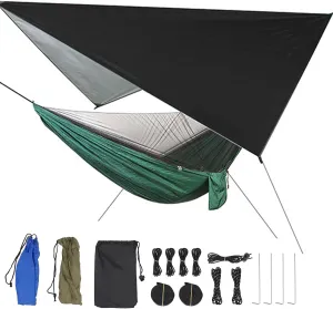 Camping Hammock with Mosquito Net,2 in 1 Hammock Tent with 7.5 * 6.8 ft Tarp,440lbs Heavy Duty Portable Tree Hammock Outdoor,210T Nylon Hammocks,Built-in Pocket Camping Gear (Black Blackish Green)