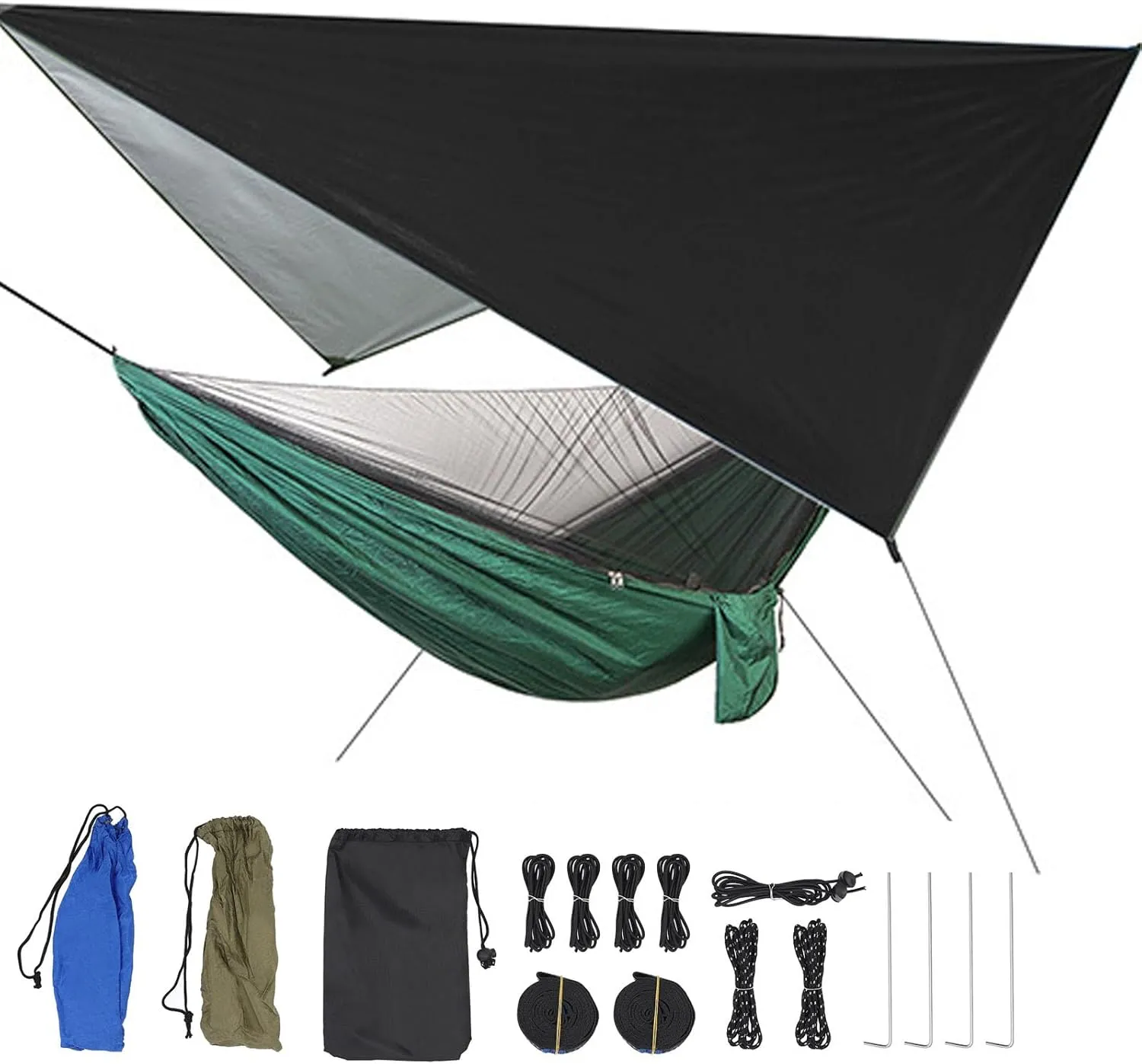 Camping Hammock with Mosquito Net,2 in 1 Hammock Tent with 7.5 * 6.8 ft Tarp,440lbs Heavy Duty Portable Tree Hammock Outdoor,210T Nylon Hammocks,Built-in Pocket Camping Gear (Black Blackish Green)