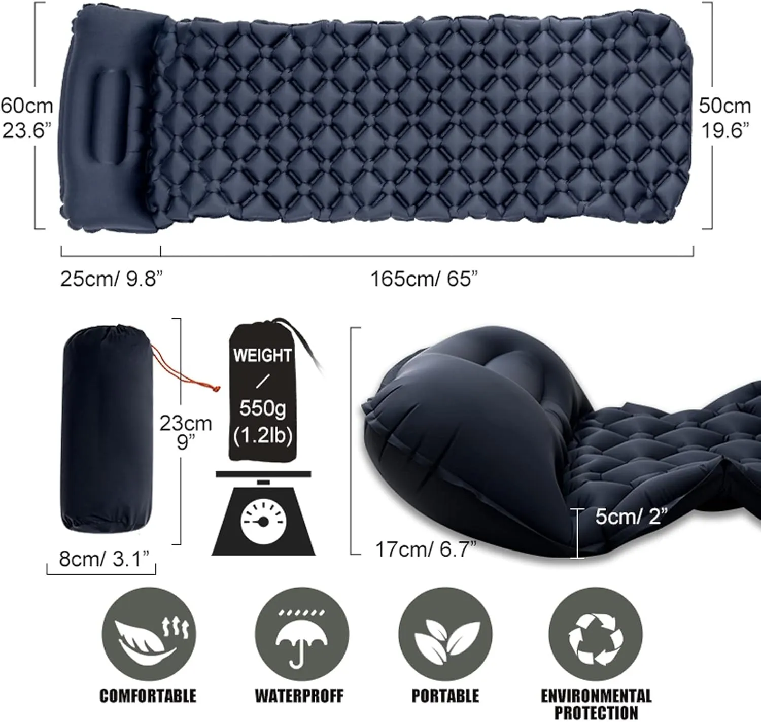 Camping Sleeping Pad, Outdoor Camping Sleeping Pad Folding Sleep Mat Beach Inflat Mattress with Pillows Ultralight Air Mat Travel Hiking New