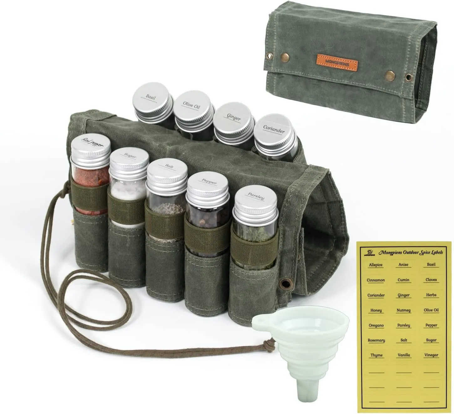 Camping Spice kit with 9 spice Jar,rope,Spice Labels Sticker,Silicone Collapsible Funnel, Canvas Travel Seasoning container, portable spice bag for travel (MILITARY GREEN)