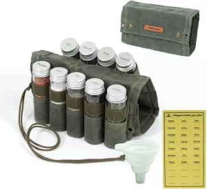 Camping Spice kit with 9 spice Jar,rope,Spice Labels Sticker,Silicone Collapsible Funnel, Canvas Travel Seasoning container, portable spice bag for travel (MILITARY GREEN)