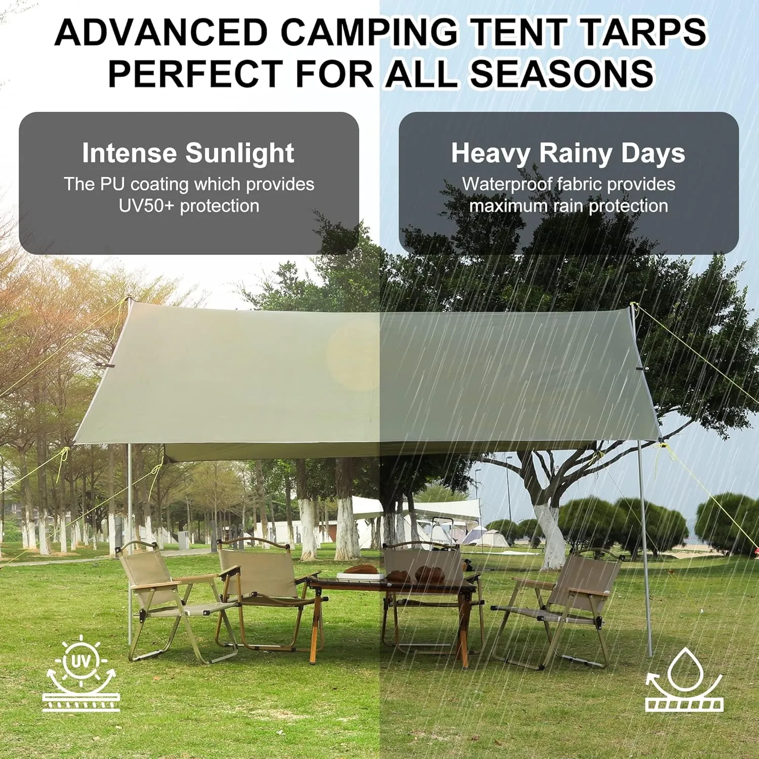Camping Tarp, 13X9FT Hammock Tent - Waterproof and Anti-UV Protection, Portable and Lightweight, Including Tent Stakes and Carry Bag