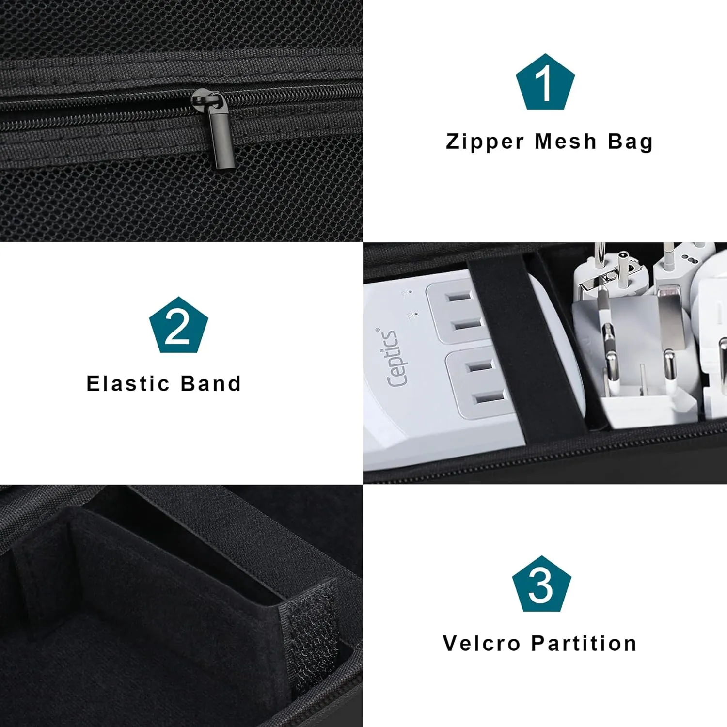 Canboc Travel Carrying Case for Ceptics Universal Travel Adapter Kit, World Travel Adapter Kit Storage Organizer, Zipper Mesh Bag fit USB Cable, Black (Case Only)