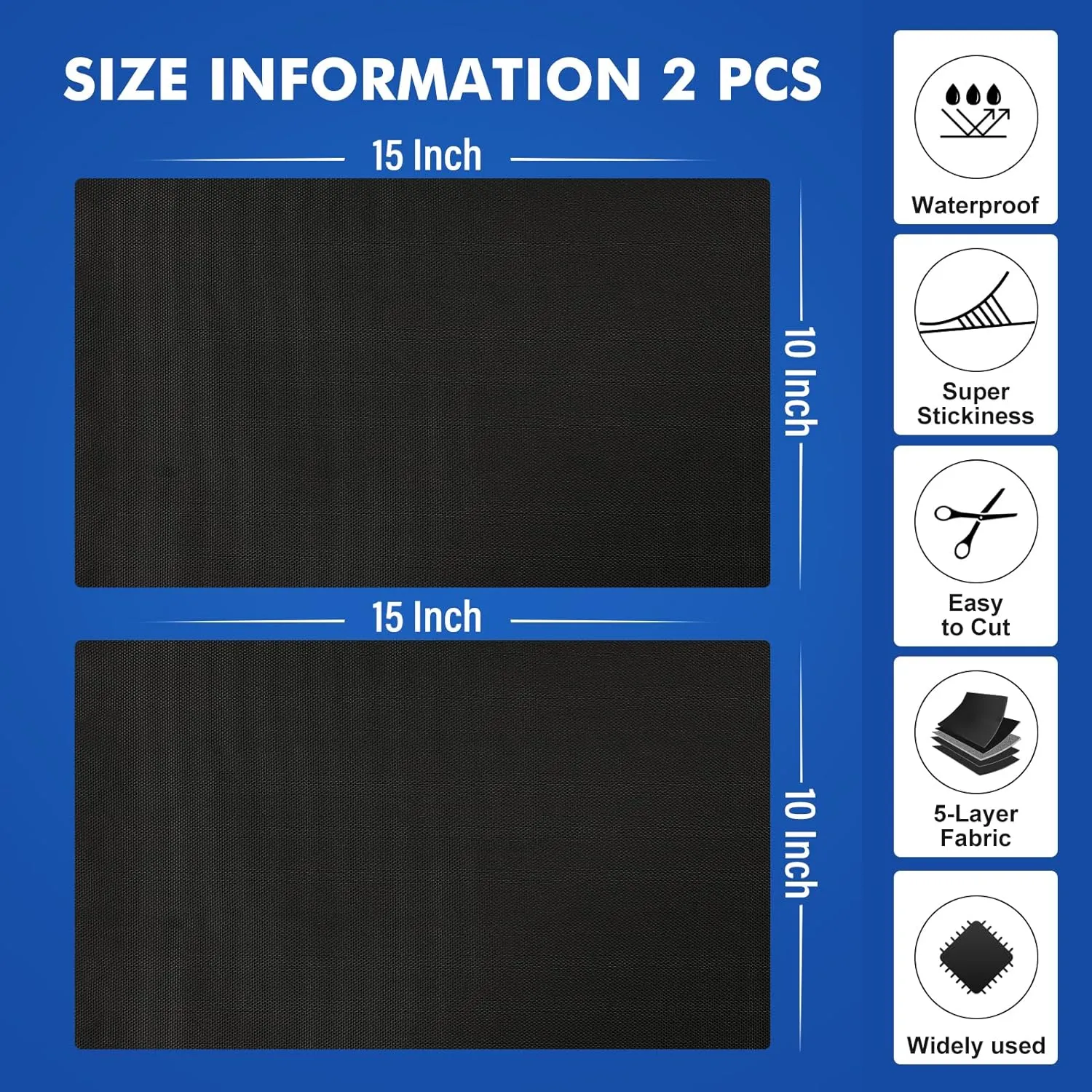 Canvas Patch Repair Kit 1200D Self-Adhesive Patches Waterproof Repair Kit Heavy Duty Polyester for Repairing Boat Cover,Pool Cover,RV Cover,Awnings,BBQ Cover,Sofas,15" x 10",2pcs,Black