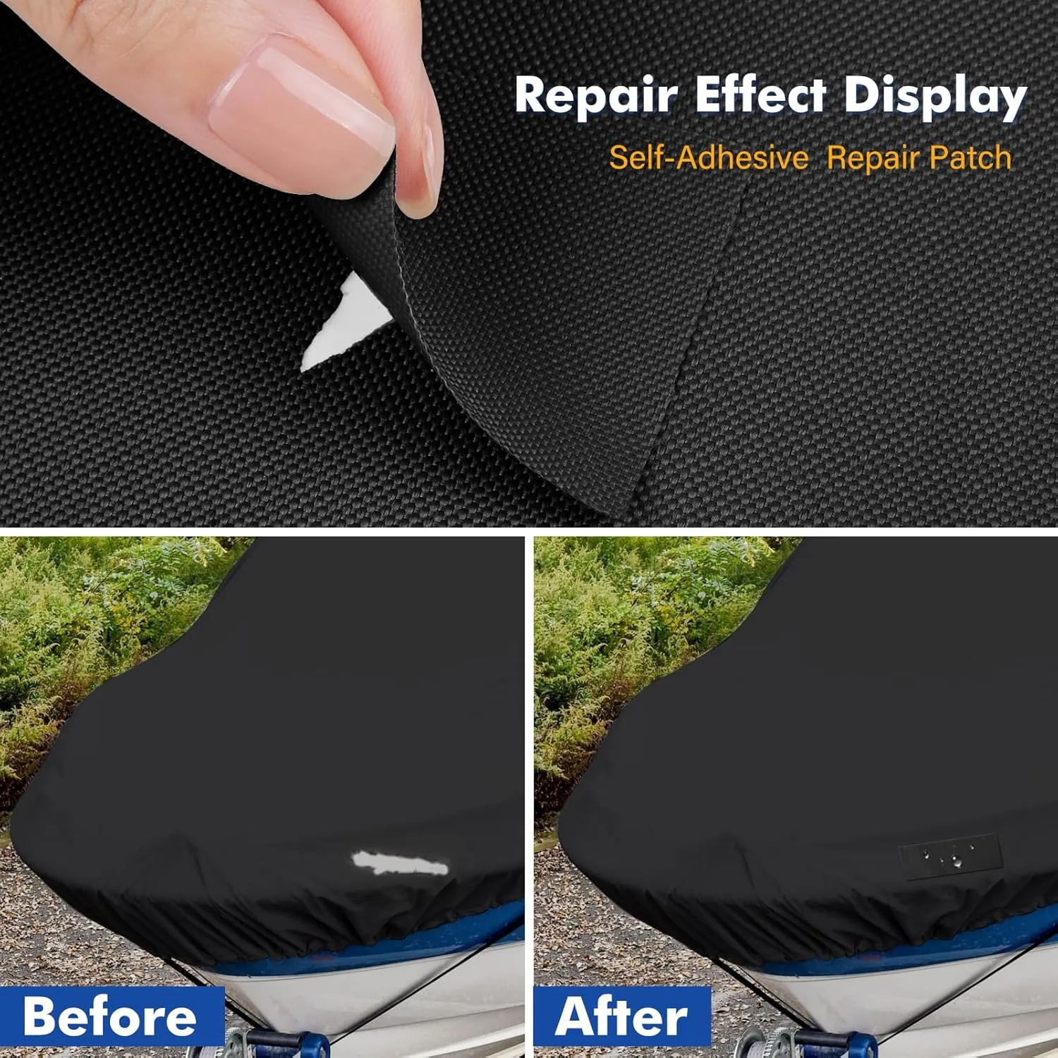 Canvas Patch Repair Kit 1200D Self-Adhesive Patches Waterproof Repair Kit Heavy Duty Polyester for Repairing Boat Cover,Pool Cover,RV Cover,Awnings,BBQ Cover,Sofas,15" x 10",2pcs,Black