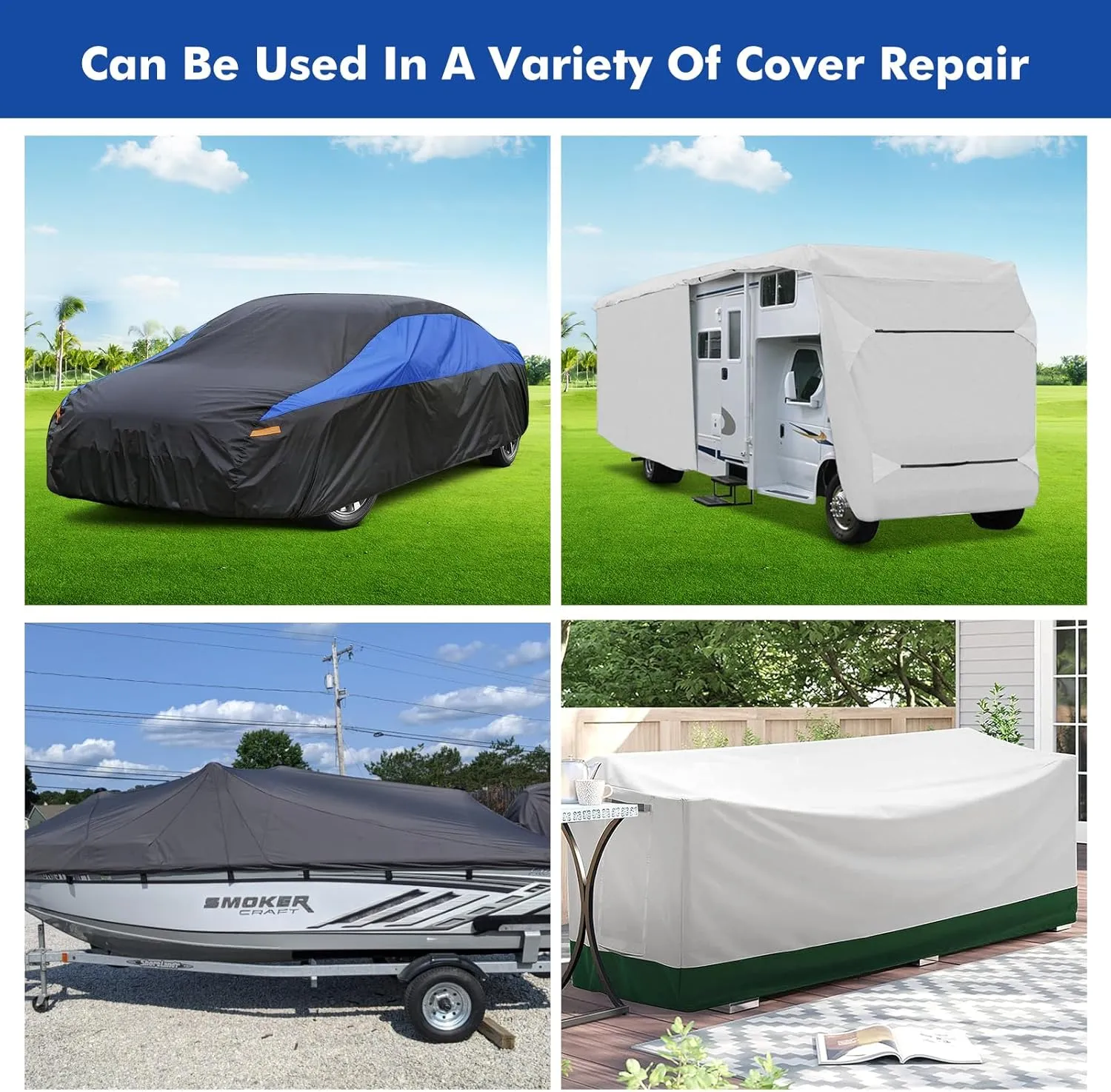 Canvas Patch Repair Kit 1200D Self-Adhesive Patches Waterproof Repair Kit Heavy Duty Polyester for Repairing Boat Cover,Pool Cover,RV Cover,Awnings,BBQ Cover,Sofas,15" x 10",2pcs,Black