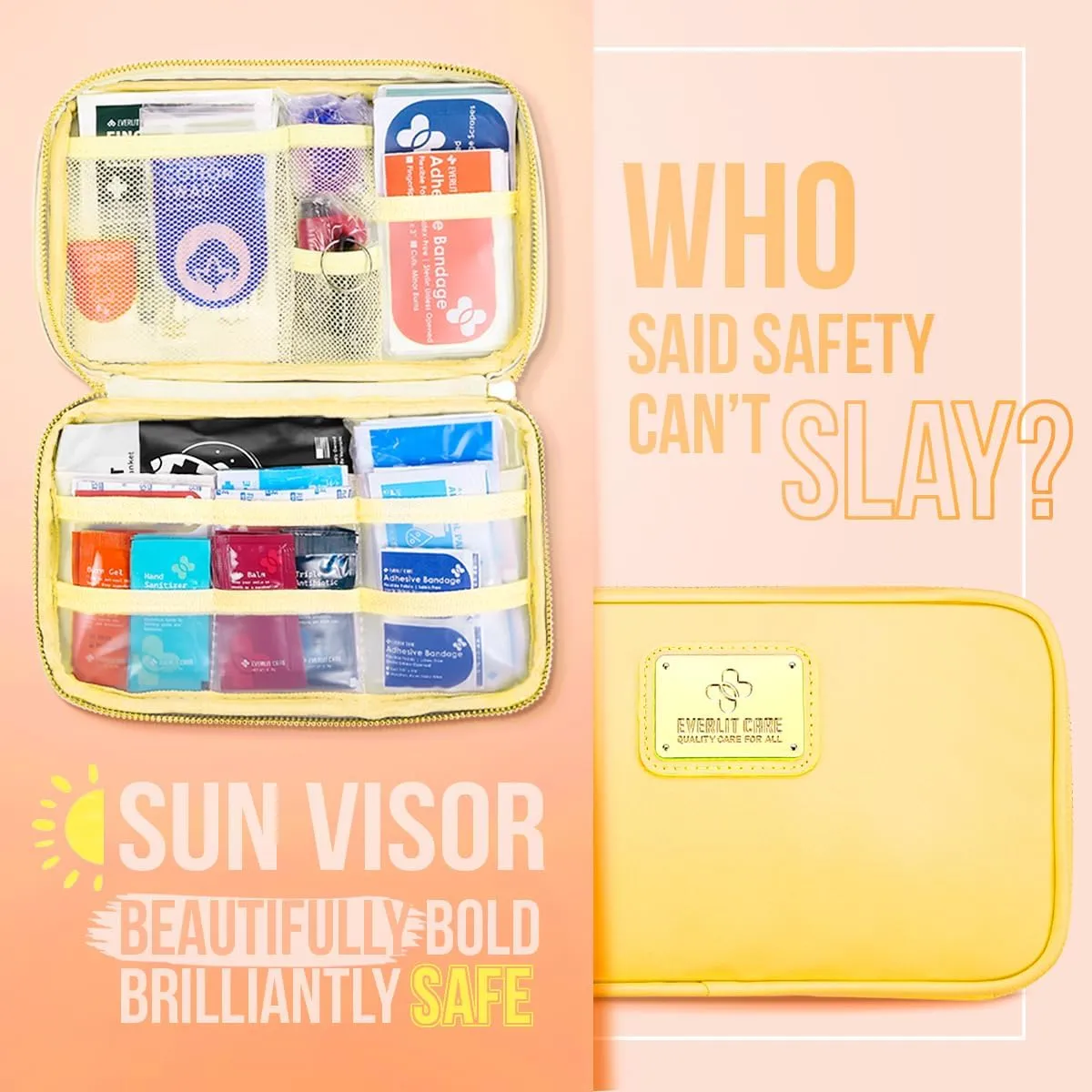 Car First Aid Kit Sun Visor Multi-Pocket Visor Organizer Storage Pouch with Survival Emergency Tools Including Window Breaker Disposable Urine Bag for Family Travel in Cars (Yellow)