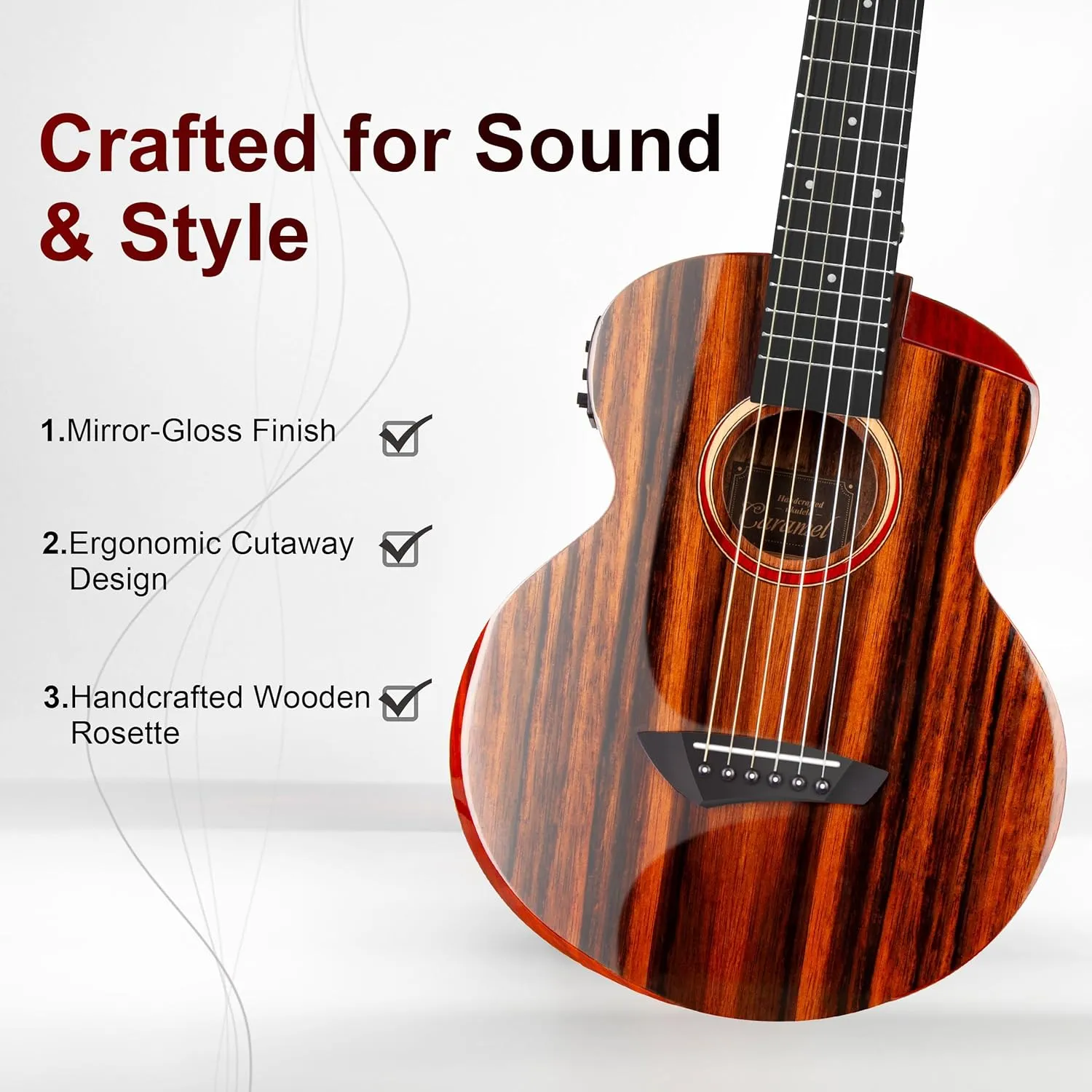 Caramel GEG91 Cutaway Ebony Glossy Guitalele | 30-inch Handmade Professional 6-String Acoustic & Electric Guitar Kit with Accessories for Travel