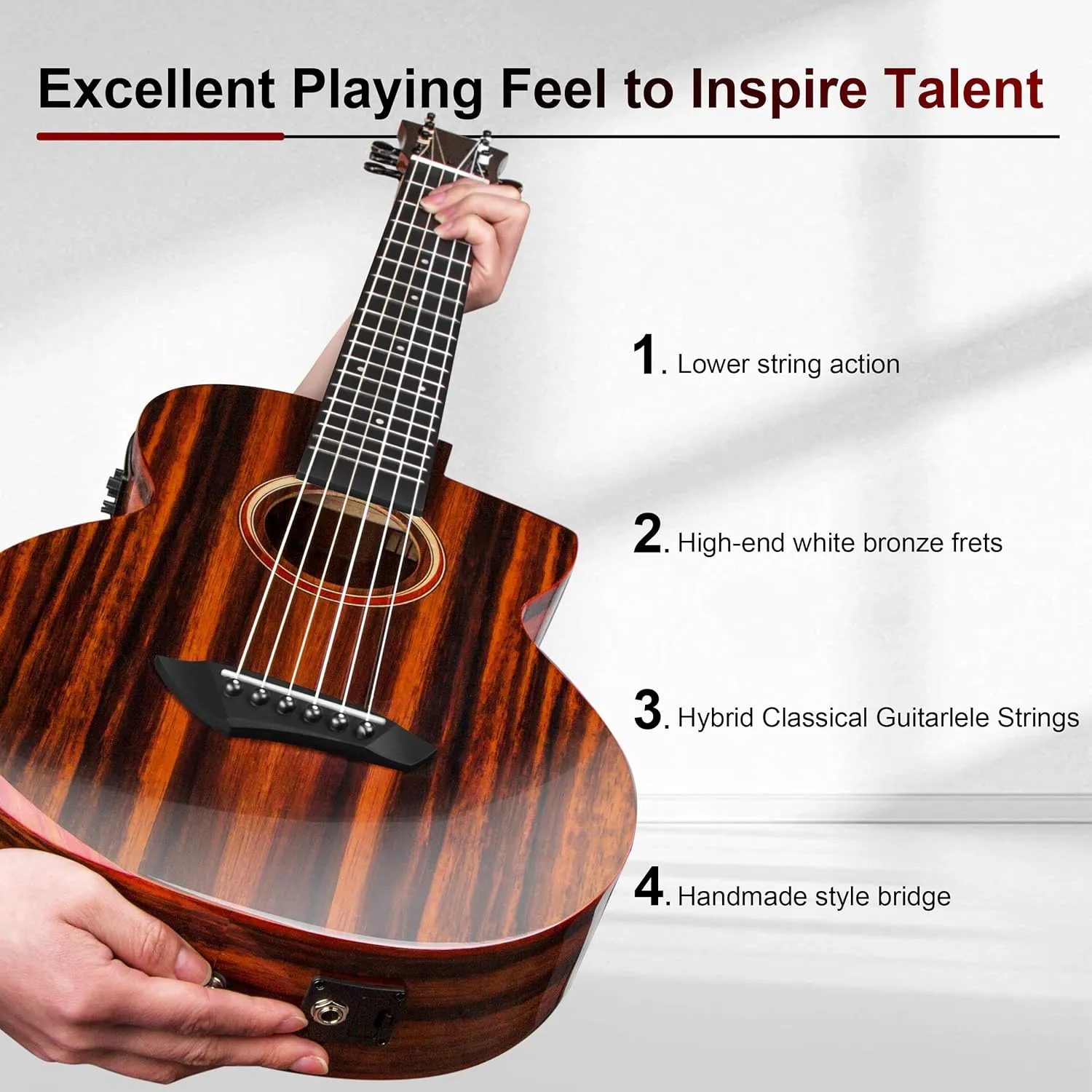 Caramel GEG91 Cutaway Ebony Glossy Guitalele | 30-inch Handmade Professional 6-String Acoustic & Electric Guitar Kit with Accessories for Travel