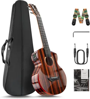 Caramel GEG91 Cutaway Ebony Glossy Guitalele | 30-inch Handmade Professional 6-String Acoustic & Electric Guitar Kit with Accessories for Travel