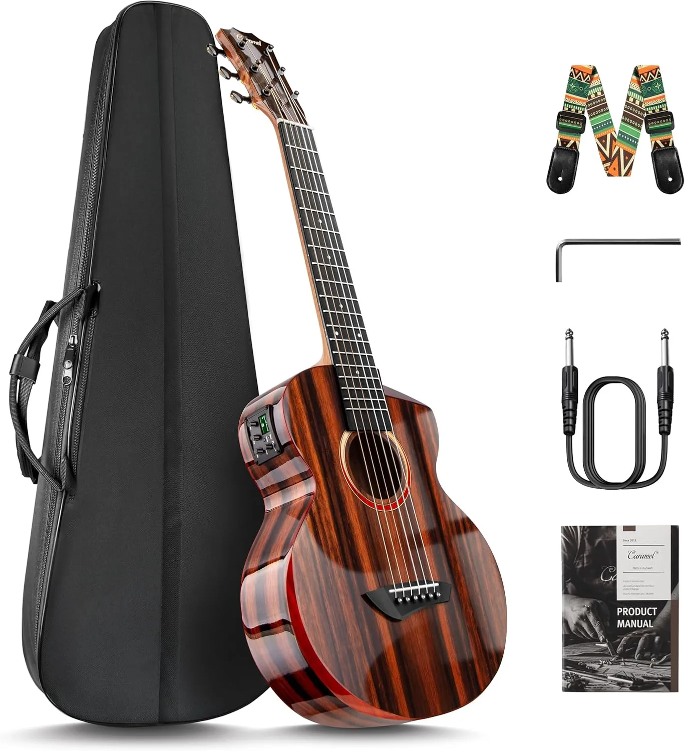 Caramel GEG91 Cutaway Ebony Glossy Guitalele | 30-inch Handmade Professional 6-String Acoustic & Electric Guitar Kit with Accessories for Travel