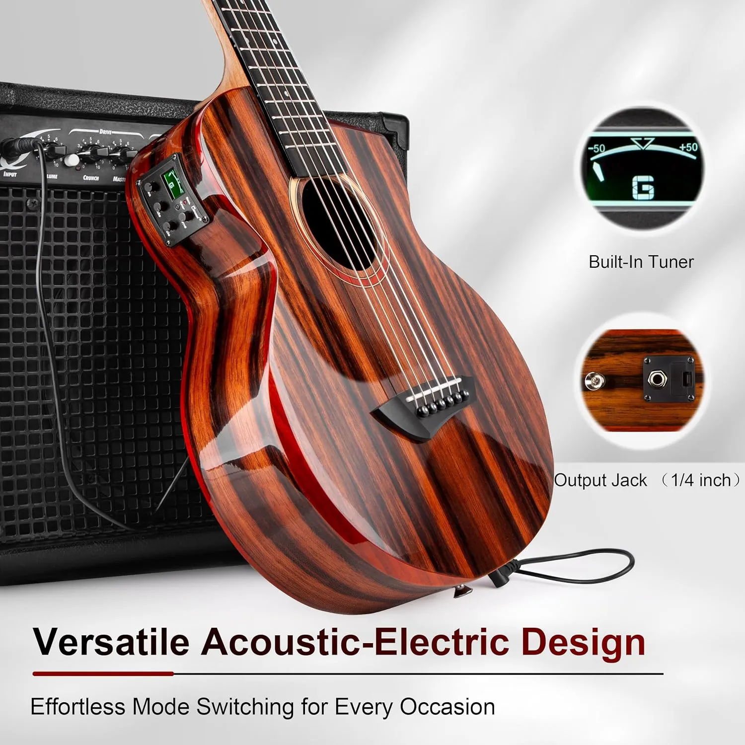 Caramel GEG91 Cutaway Ebony Glossy Guitalele | 30-inch Handmade Professional 6-String Acoustic & Electric Guitar Kit with Accessories for Travel