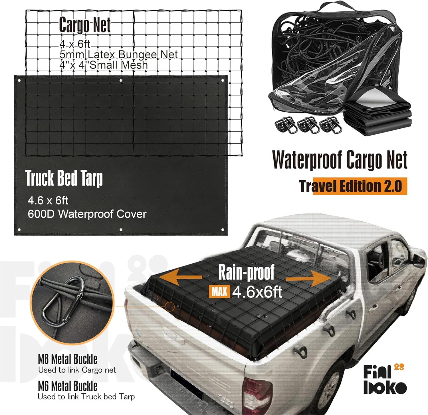 Cargo Net for Pickup Truck Bed,4' x 6' Stretches to 8' x 12' - Small Mesh Bungee Net Cargo Netting with Portable Truck Bed Tarp,Cargo Net Suitable for Daily and Rainy Day Loading of Trucks