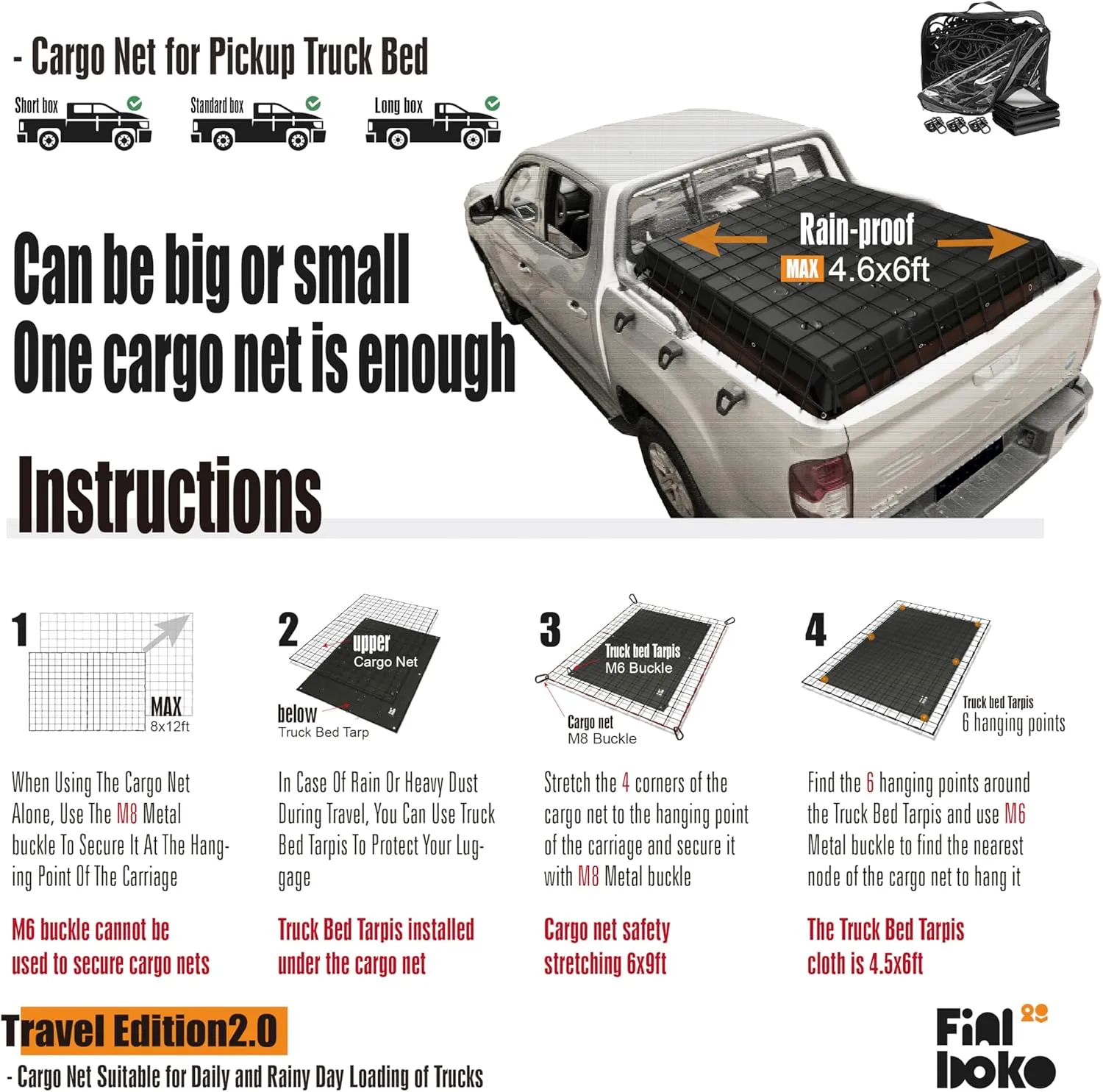 Cargo Net for Pickup Truck Bed,4' x 6' Stretches to 8' x 12' - Small Mesh Bungee Net Cargo Netting with Portable Truck Bed Tarp,Cargo Net Suitable for Daily and Rainy Day Loading of Trucks