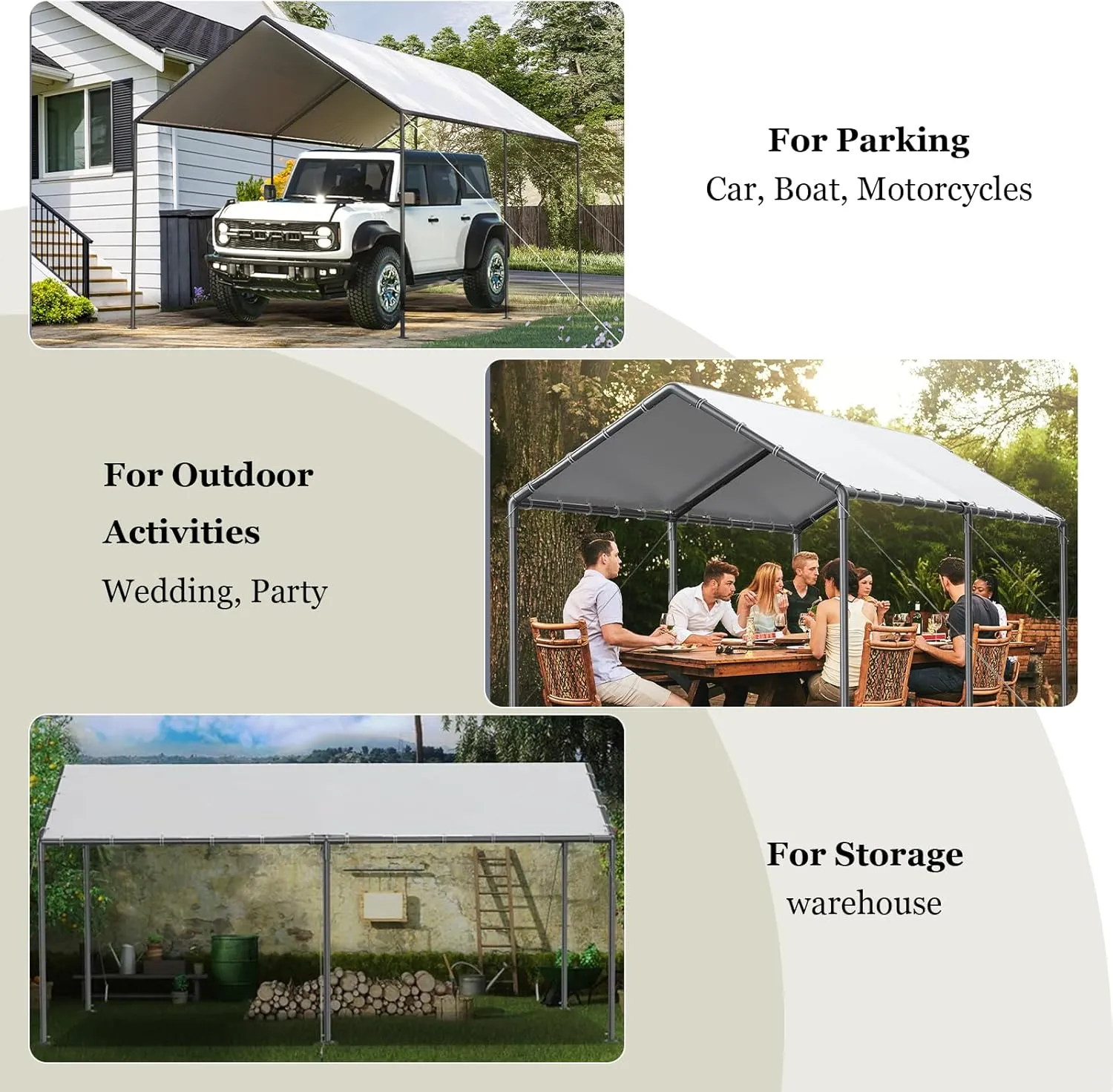 Carport 10x20ft Heavy Duty Car Canopy, Portable Garage Shelter with Steel Frame, Car Port Storage Shed with All-Season Trap for Car Boat Truck Boat Party (White)