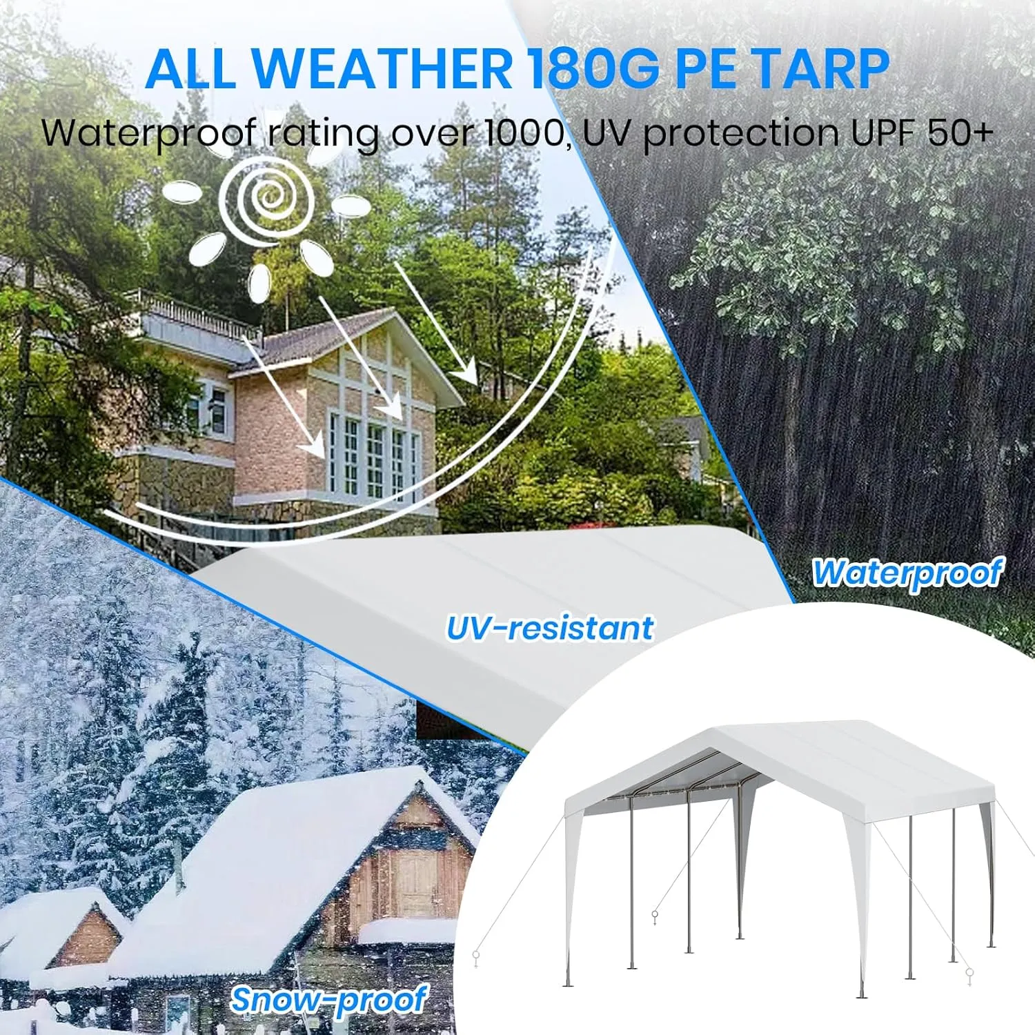 Carport 12x20 Heavy Duty Portable Garage,Galvanized Frame Carport Canopy,Portable Garages and Shelters with 8 Leg&4 Wind Rope,Car Tent Garage with All-Season Tarp for Boat Truck,Without Sidewall