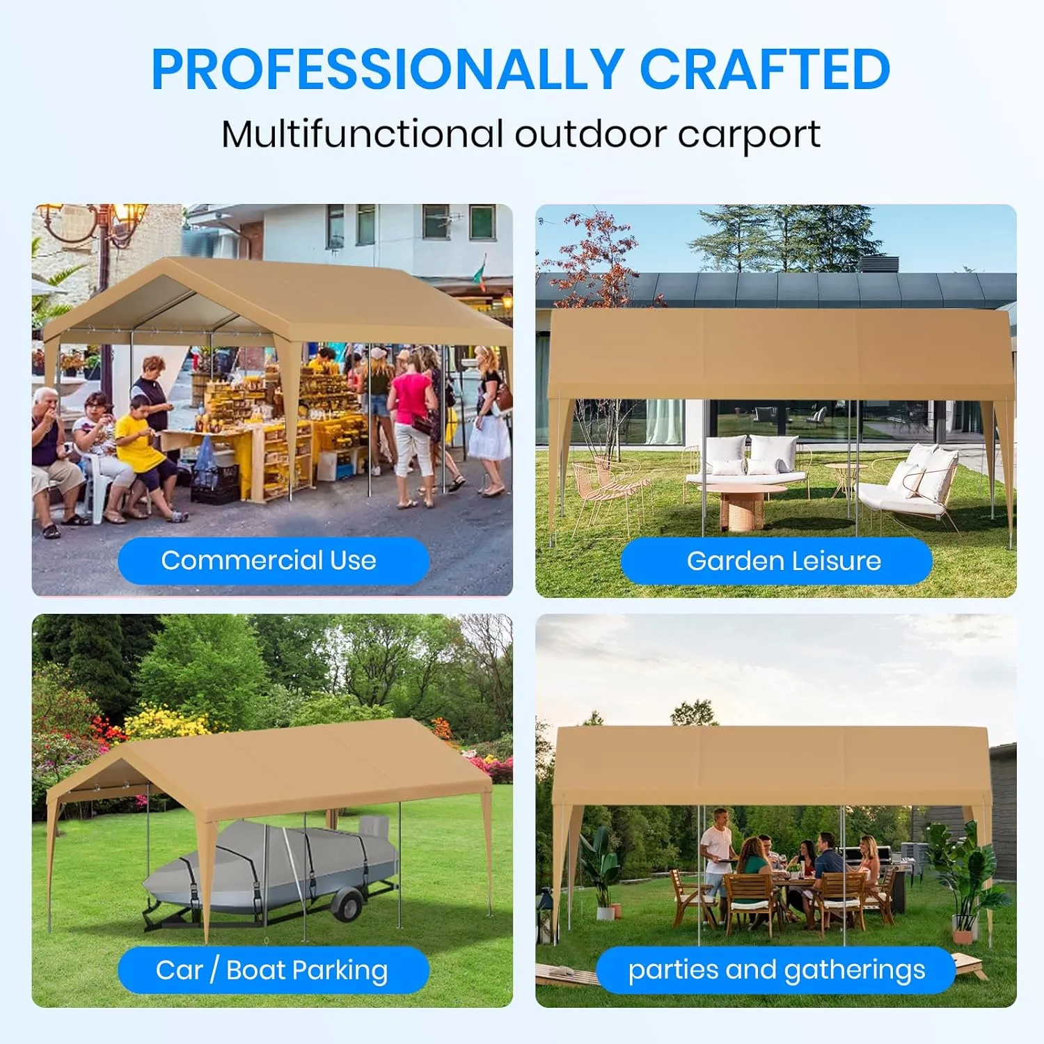 Carport 12x20 Heavy Duty Portable Garage,Galvanized Frame Carport Canopy,Portable Garages and Shelters with 8 Leg&4 Wind Rope,Car Tent Garage with All-Season Tarp for Boat Truck,Without Sidewall