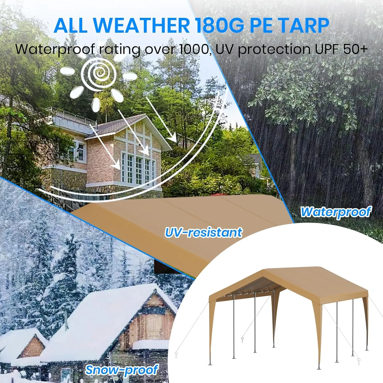 Carport 12x20 Heavy Duty Portable Garage,Galvanized Frame Carport Canopy,Portable Garages and Shelters with 8 Leg&4 Wind Rope,Car Tent Garage with All-Season Tarp for Boat Truck,Without Sidewall