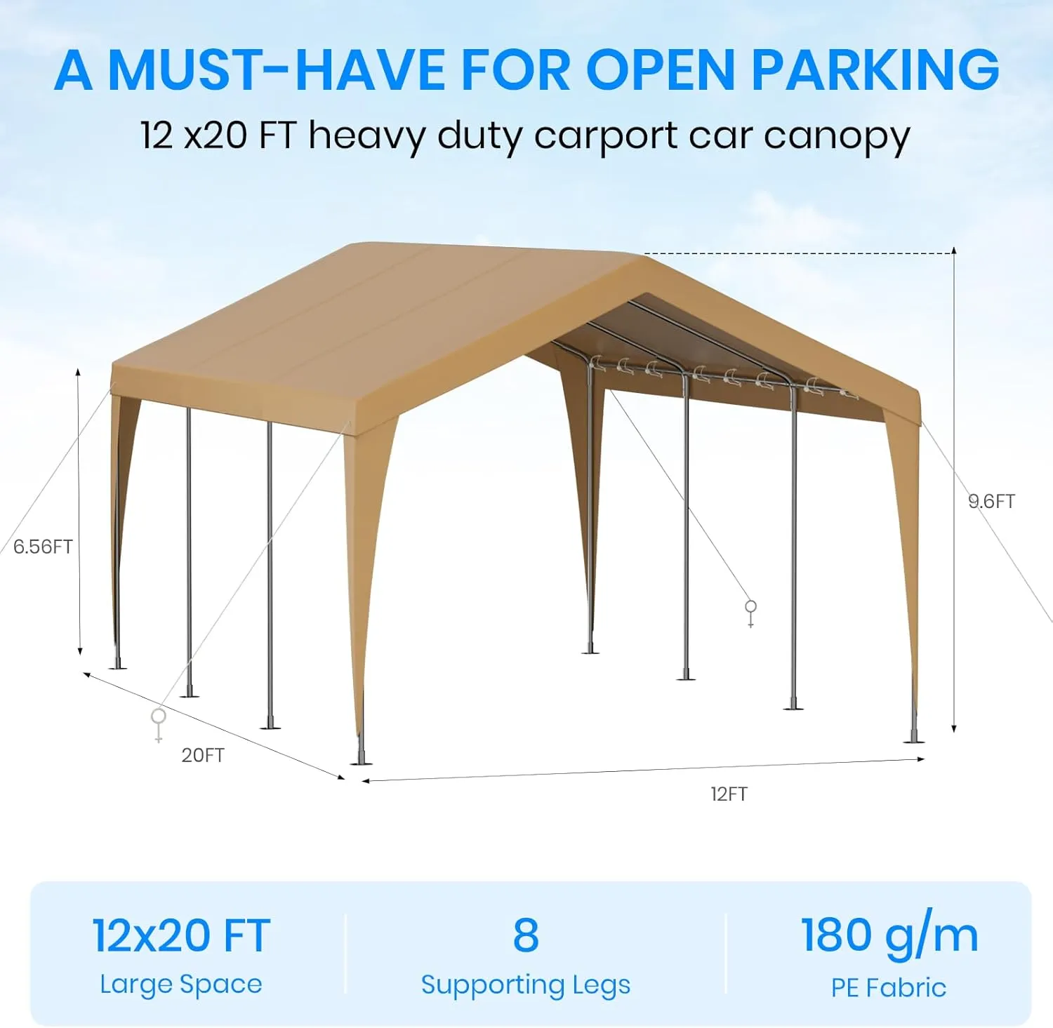 Carport 12x20 Heavy Duty Portable Garage,Galvanized Frame Carport Canopy,Portable Garages and Shelters with 8 Leg&4 Wind Rope,Car Tent Garage with All-Season Tarp for Boat Truck,Without Sidewall