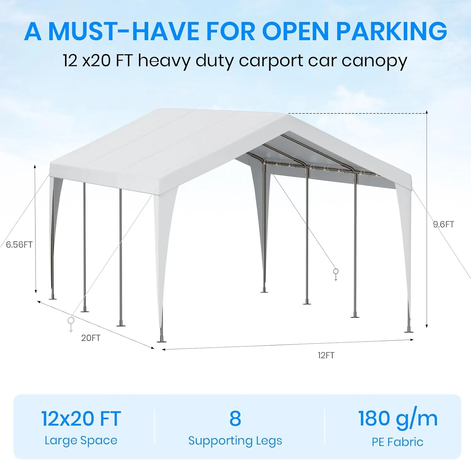 Carport 12x20 Heavy Duty Portable Garage,Galvanized Frame Carport Canopy,Portable Garages and Shelters with 8 Leg&4 Wind Rope,Car Tent Garage with All-Season Tarp for Boat Truck,Without Sidewall