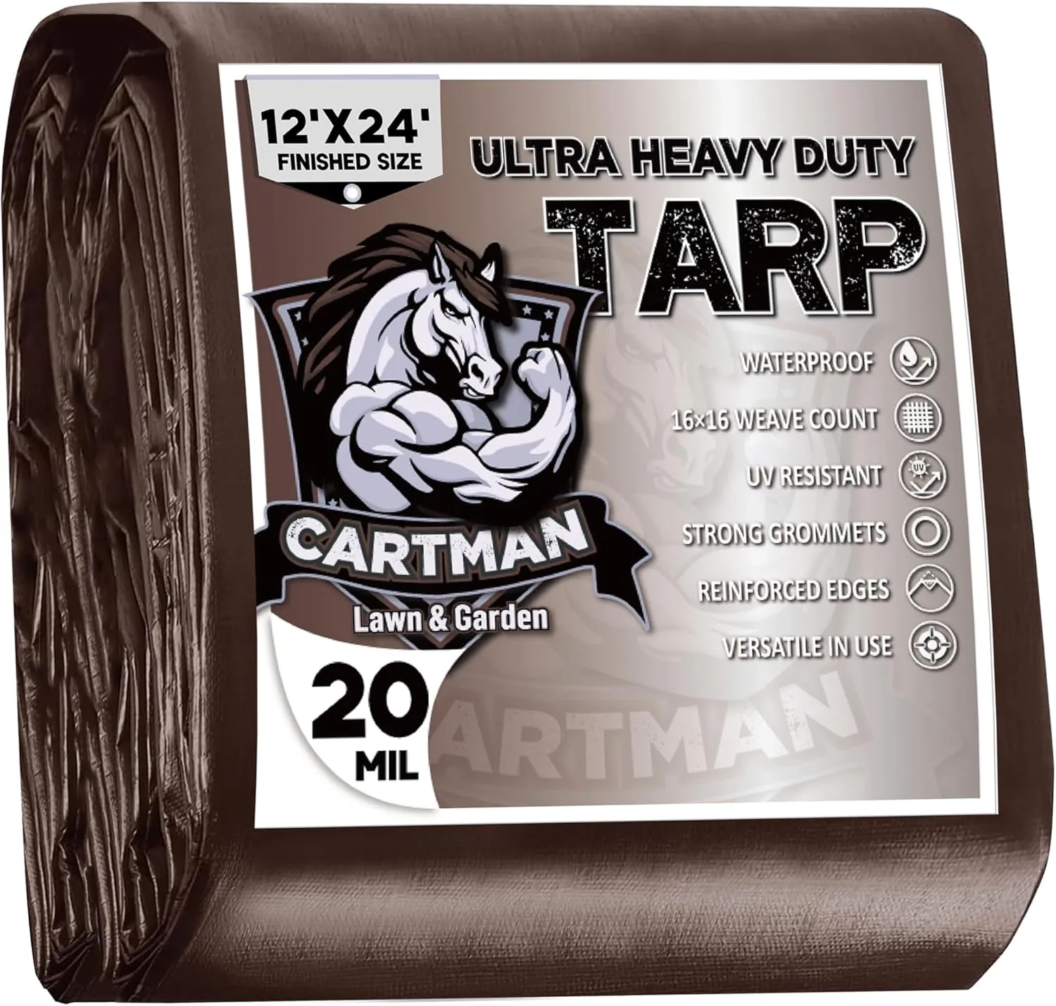 CARTMAN Finished Size 12x24 Feet Extra Thick 20 Mil Brown Ultra Heavy Duty Poly Tarp, Multipurpose Protective Cover, UV Resistant, Waterproof Poly Tarpaulin with Reinforced Edges