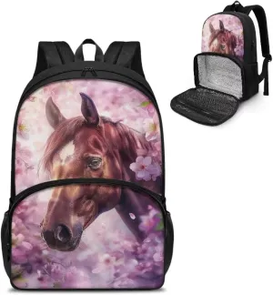 Cherry Blossom Horse Insulated Lunch Backpack for Women Men, Large Capacity Travel Cooler Bag 2 in 1 School Bag with Meal Compartment & Side Bottle Pockets