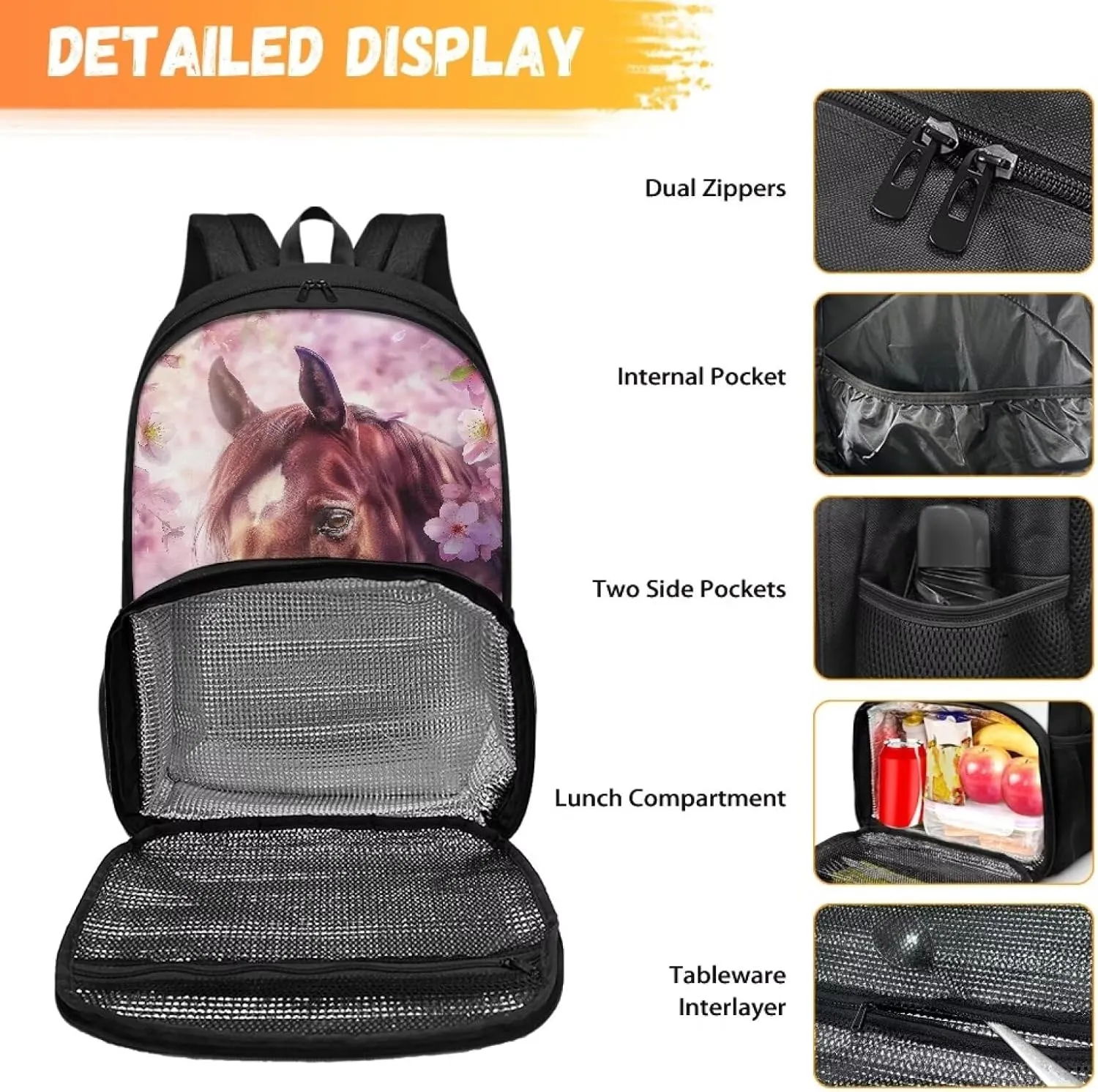 Cherry Blossom Horse Insulated Lunch Backpack for Women Men, Large Capacity Travel Cooler Bag 2 in 1 School Bag with Meal Compartment & Side Bottle Pockets