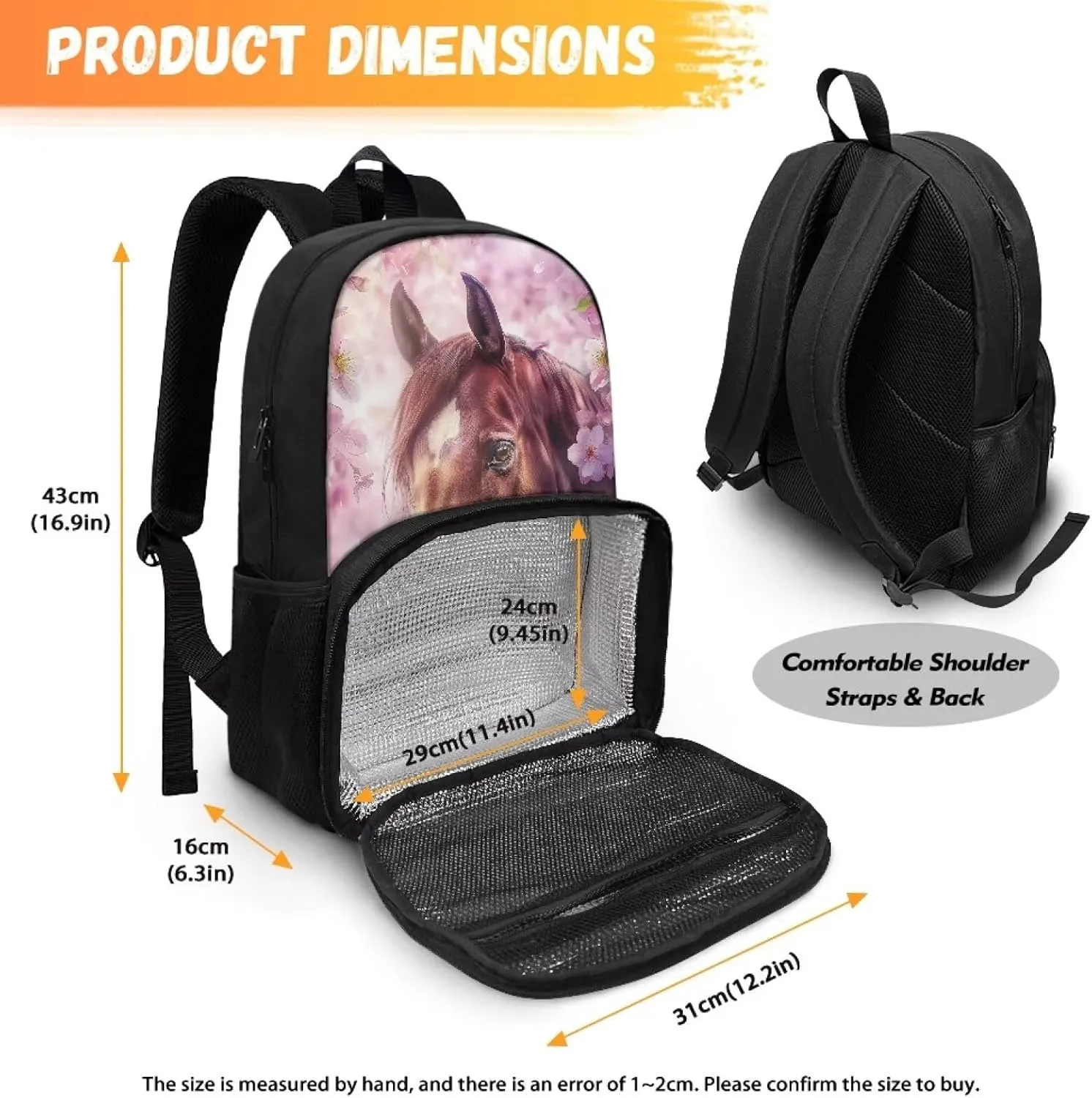 Cherry Blossom Horse Insulated Lunch Backpack for Women Men, Large Capacity Travel Cooler Bag 2 in 1 School Bag with Meal Compartment & Side Bottle Pockets