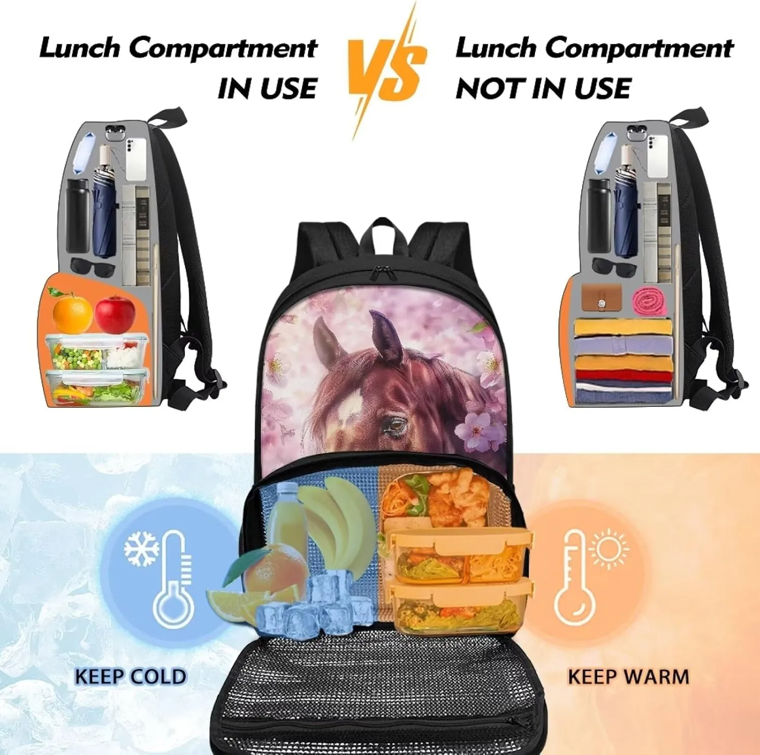 Cherry Blossom Horse Insulated Lunch Backpack for Women Men, Large Capacity Travel Cooler Bag 2 in 1 School Bag with Meal Compartment & Side Bottle Pockets