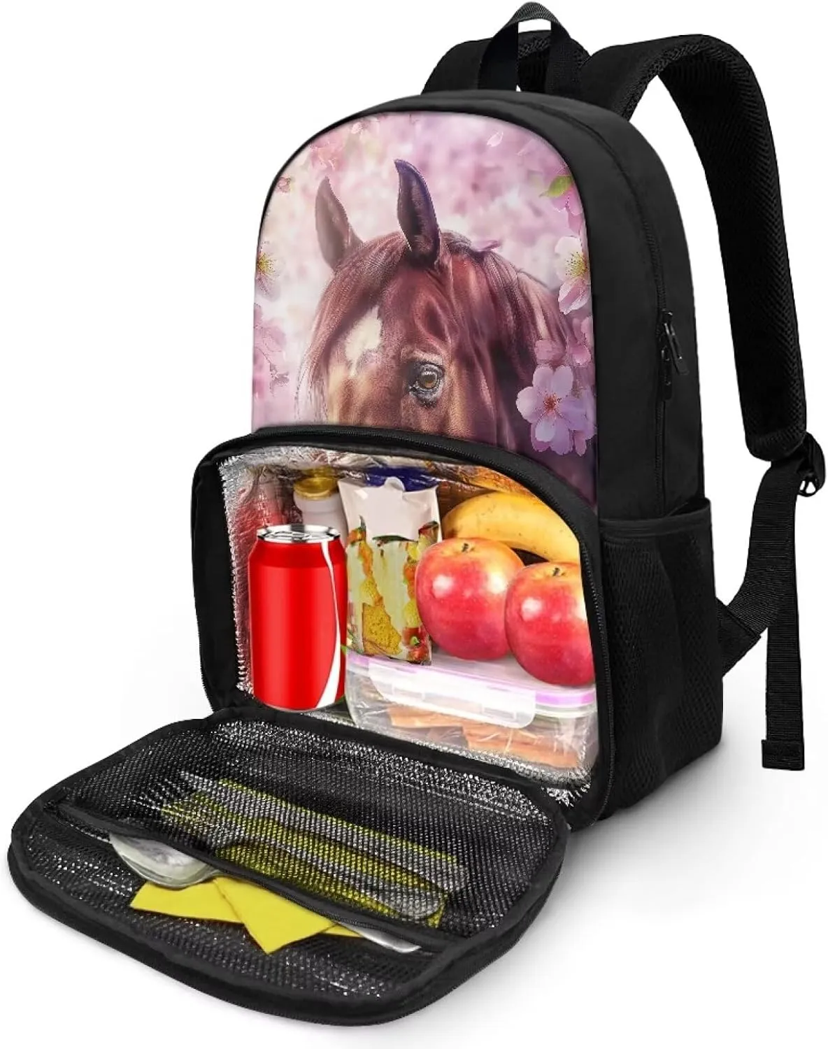 Cherry Blossom Horse Insulated Lunch Backpack for Women Men, Large Capacity Travel Cooler Bag 2 in 1 School Bag with Meal Compartment & Side Bottle Pockets
