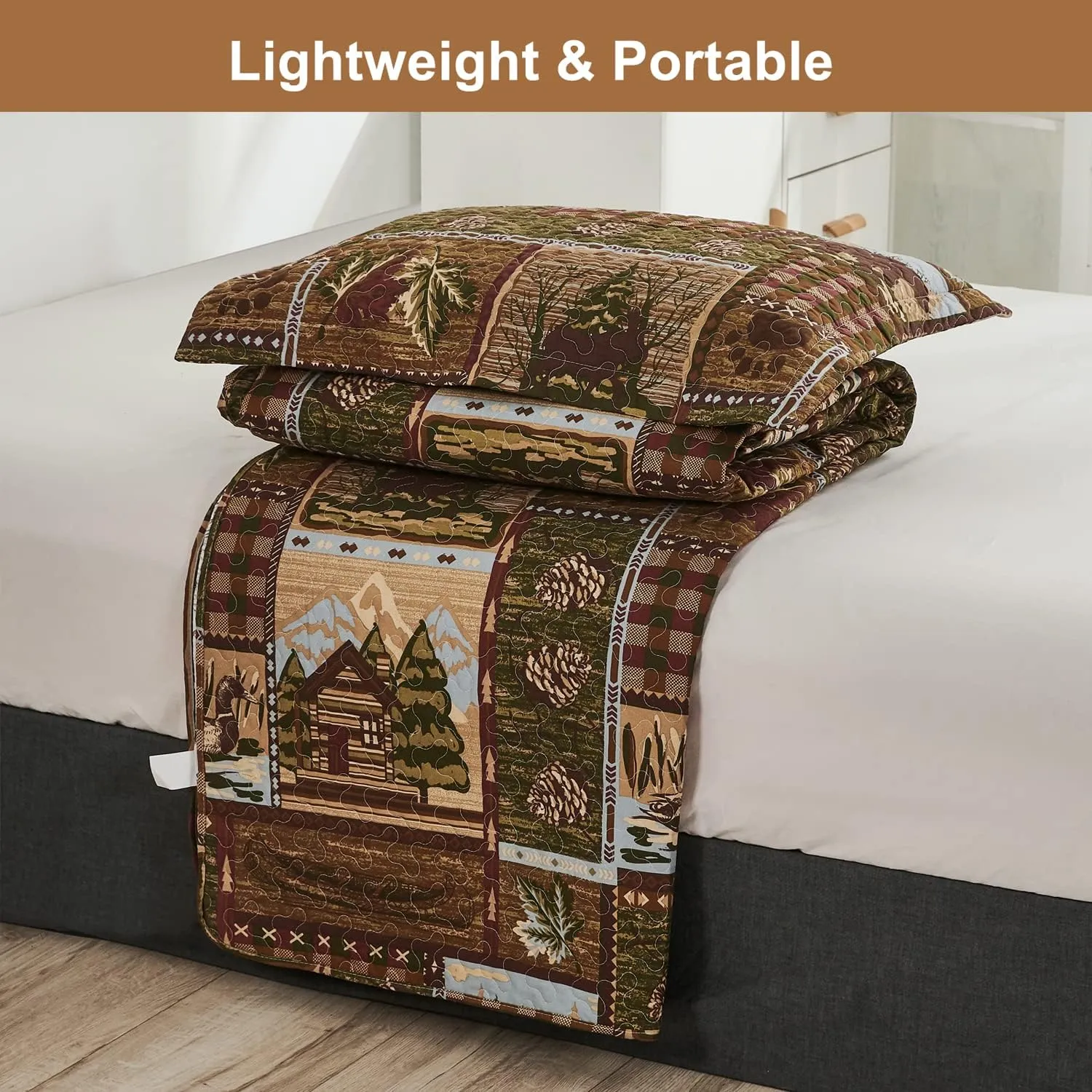 CHESITY Lodge Bedspread Queen Size, Rustic Cabin Quilt Sets Moose Bear Bedspread Coverlet Patchwork Plaid Bedcover Reversible Wildlife Printed Quilted Bed Set Brown Bed Cover Country Decor(90"x 90")