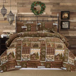 CHESITY Lodge Bedspread Queen Size, Rustic Cabin Quilt Sets Moose Bear Bedspread Coverlet Patchwork Plaid Bedcover Reversible Wildlife Printed Quilted Bed Set Brown Bed Cover Country Decor(90"x 90")