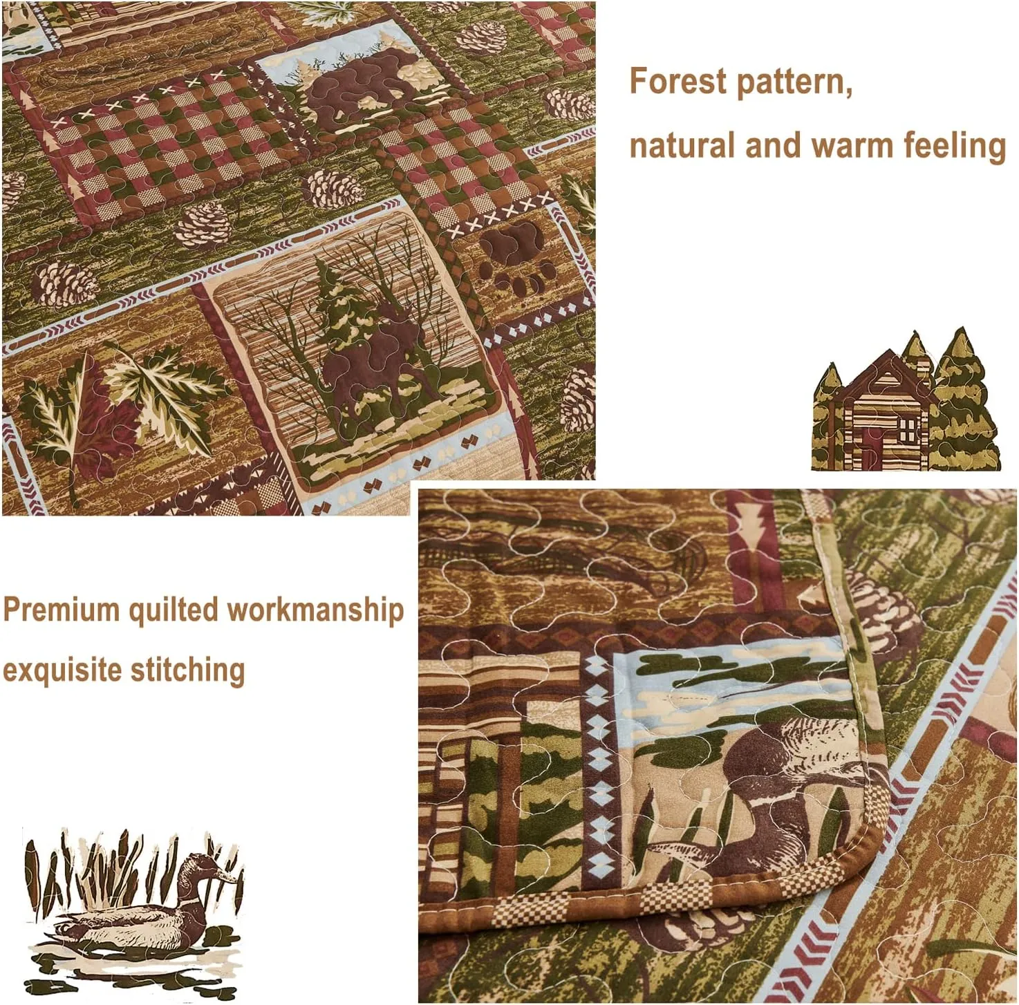 CHESITY Lodge Bedspread Queen Size, Rustic Cabin Quilt Sets Moose Bear Bedspread Coverlet Patchwork Plaid Bedcover Reversible Wildlife Printed Quilted Bed Set Brown Bed Cover Country Decor(90"x 90")
