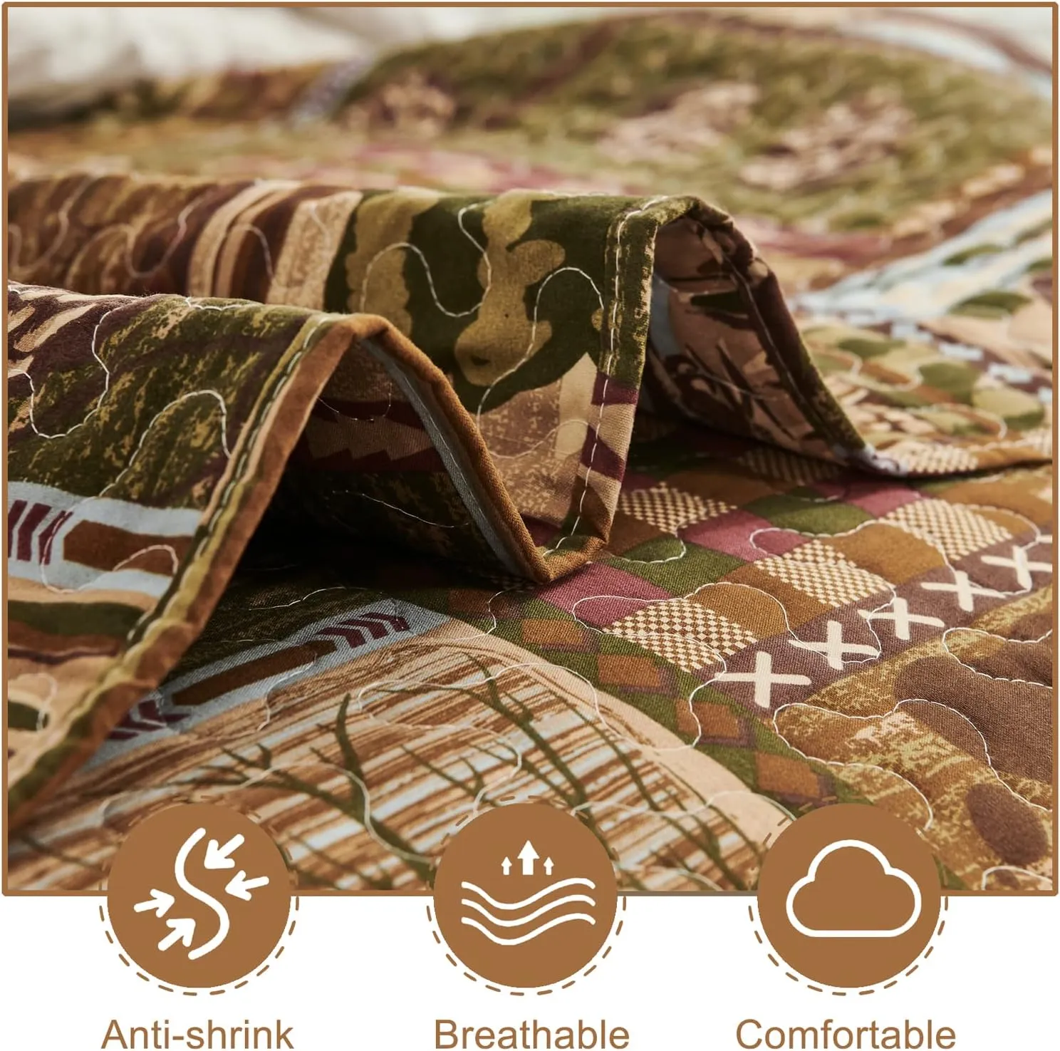 CHESITY Lodge Bedspread Queen Size, Rustic Cabin Quilt Sets Moose Bear Bedspread Coverlet Patchwork Plaid Bedcover Reversible Wildlife Printed Quilted Bed Set Brown Bed Cover Country Decor(90"x 90")