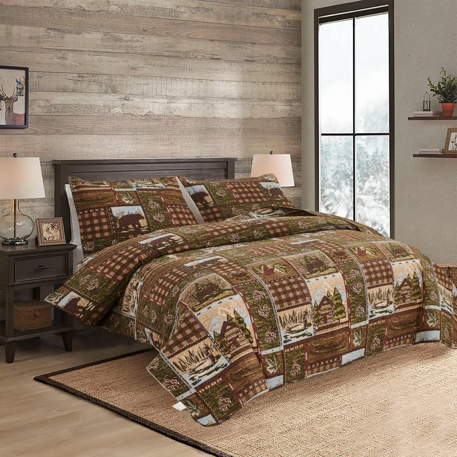 CHESITY Lodge Bedspread Queen Size, Rustic Cabin Quilt Sets Moose Bear Bedspread Coverlet Patchwork Plaid Bedcover Reversible Wildlife Printed Quilted Bed Set Brown Bed Cover Country Decor(90"x 90")