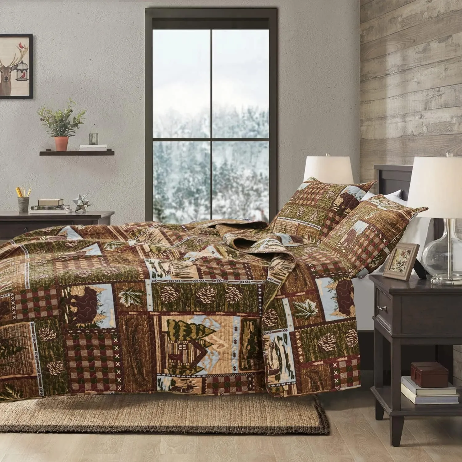 CHESITY Lodge Bedspread Queen Size, Rustic Cabin Quilt Sets Moose Bear Bedspread Coverlet Patchwork Plaid Bedcover Reversible Wildlife Printed Quilted Bed Set Brown Bed Cover Country Decor(90"x 90")