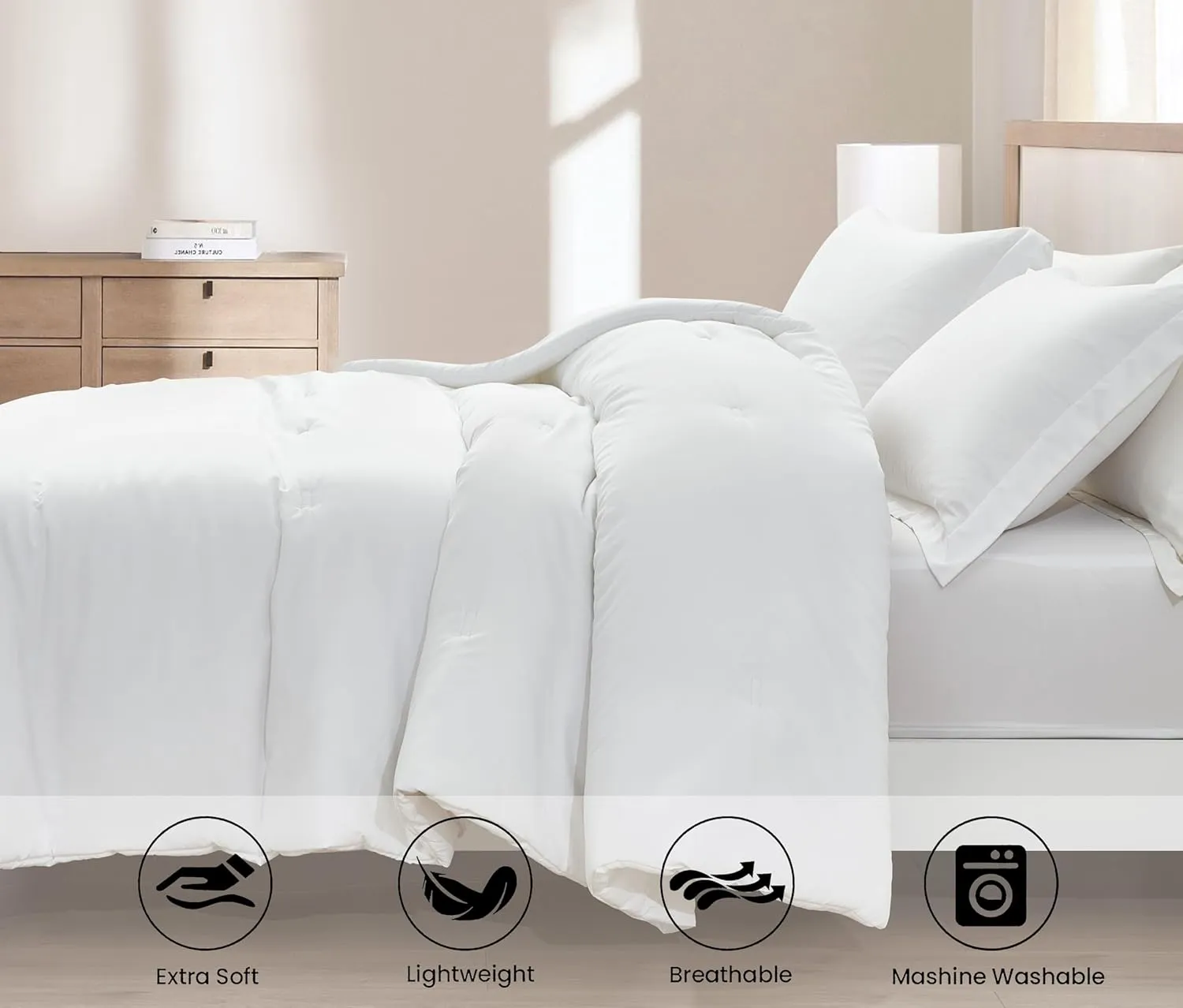 Chezmoi Collection Cliff 3-Piece Lightweight Cooling Comforter Set, Queen- Rayon Derived from Bamboo & Polyester Blended, Soft Breathable Bedding for Hot Sleepers, White