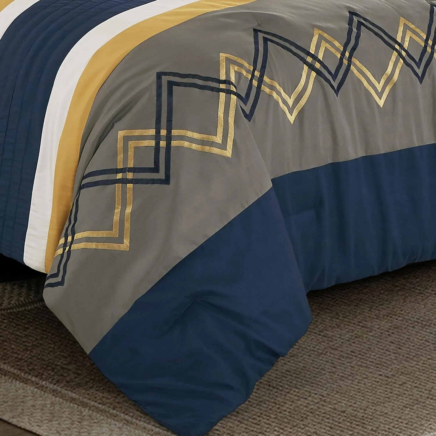 Chezmoi Collection Jaxson Bed in a Bag Queen Size 7-Piece Comforter Set with Sheets Modern Pleated Stripe Embroidered Navy/Gray/Yellow/White Zigzag Lightweight All Season Bedding