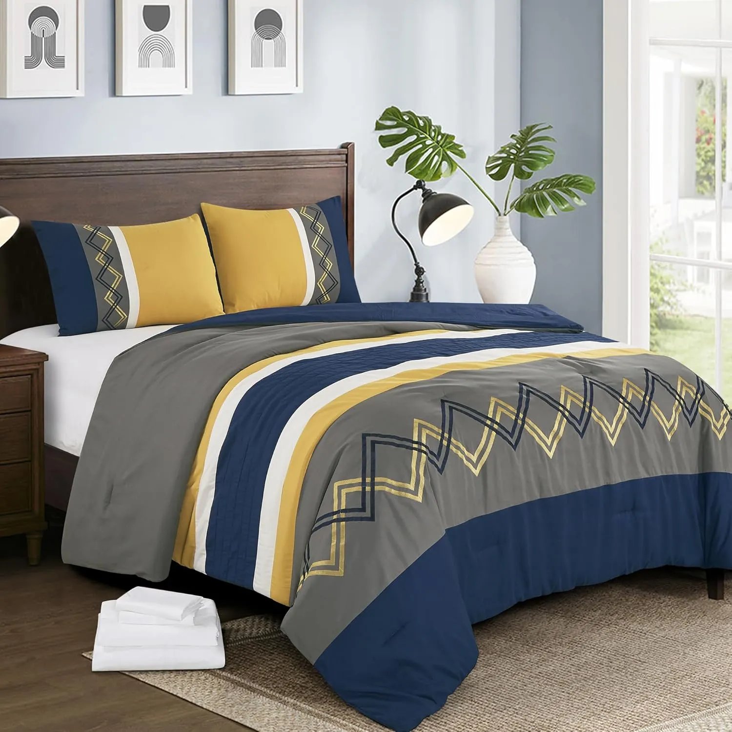 Chezmoi Collection Jaxson Bed in a Bag Queen Size 7-Piece Comforter Set with Sheets Modern Pleated Stripe Embroidered Navy/Gray/Yellow/White Zigzag Lightweight All Season Bedding