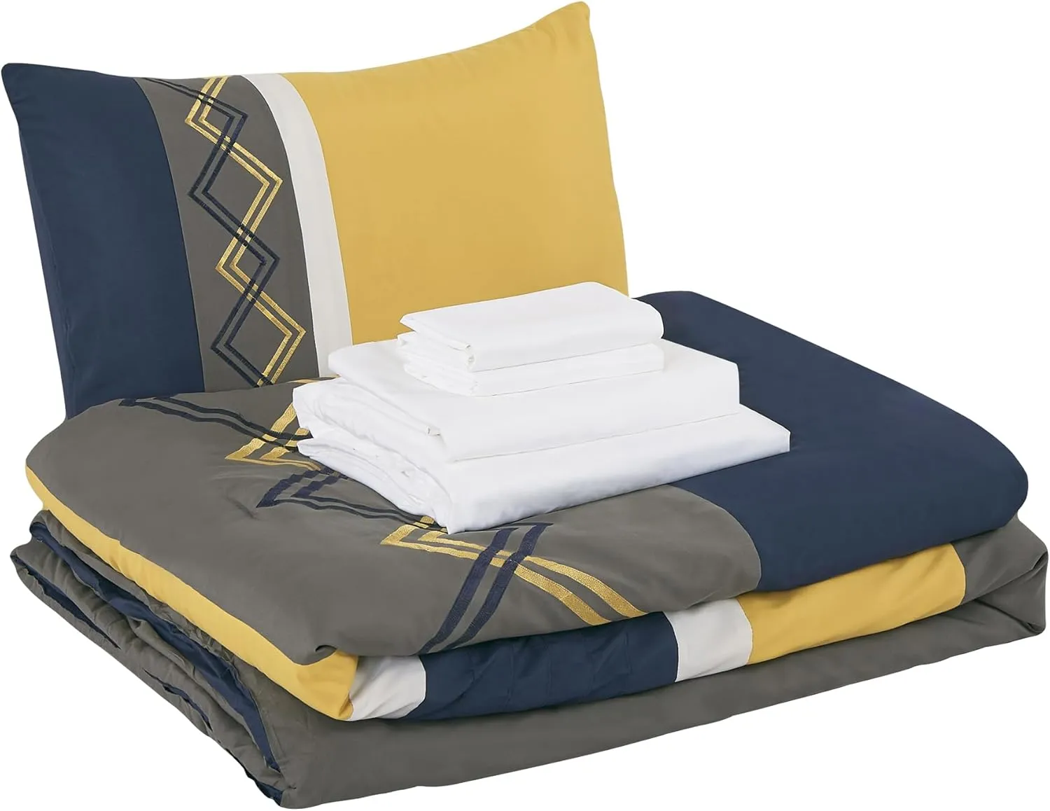 Chezmoi Collection Jaxson Bed in a Bag Queen Size 7-Piece Comforter Set with Sheets Modern Pleated Stripe Embroidered Navy/Gray/Yellow/White Zigzag Lightweight All Season Bedding