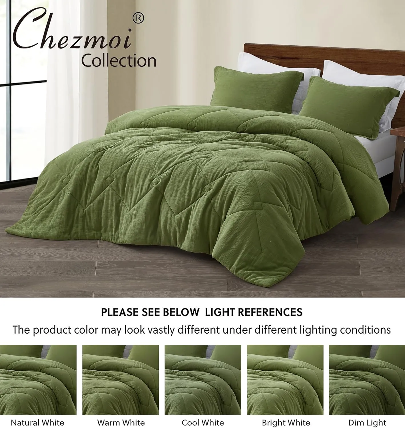 Chezmoi Collection Skye 3-Piece Breathable Lightweight Cotton Gauze Comforter Set Oversized King, Olive Green Reversible Soft Washed 100% Cotton Muslin Thin Comforter, 130GSM Fill Summer Blanket