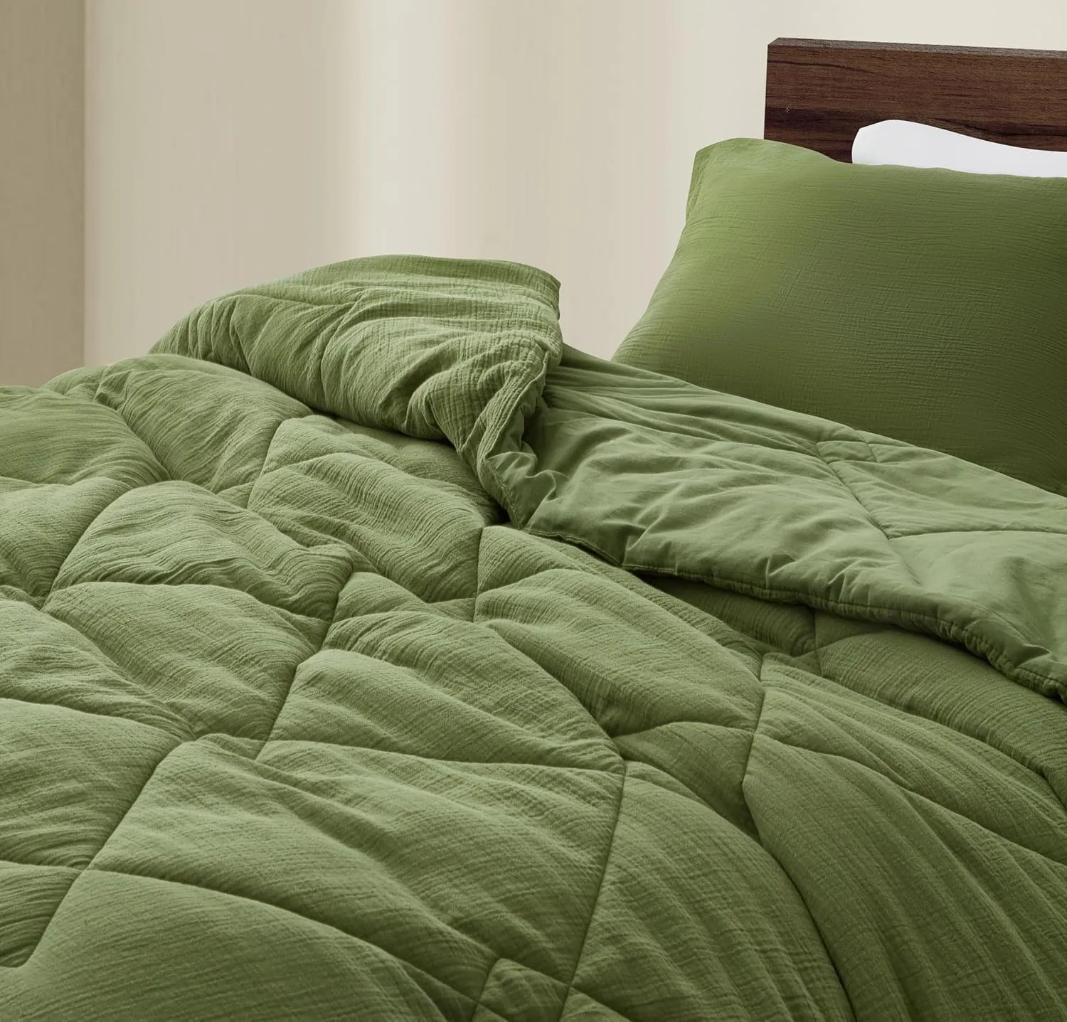 Chezmoi Collection Skye 3-Piece Breathable Lightweight Cotton Gauze Comforter Set Oversized King, Olive Green Reversible Soft Washed 100% Cotton Muslin Thin Comforter, 130GSM Fill Summer Blanket