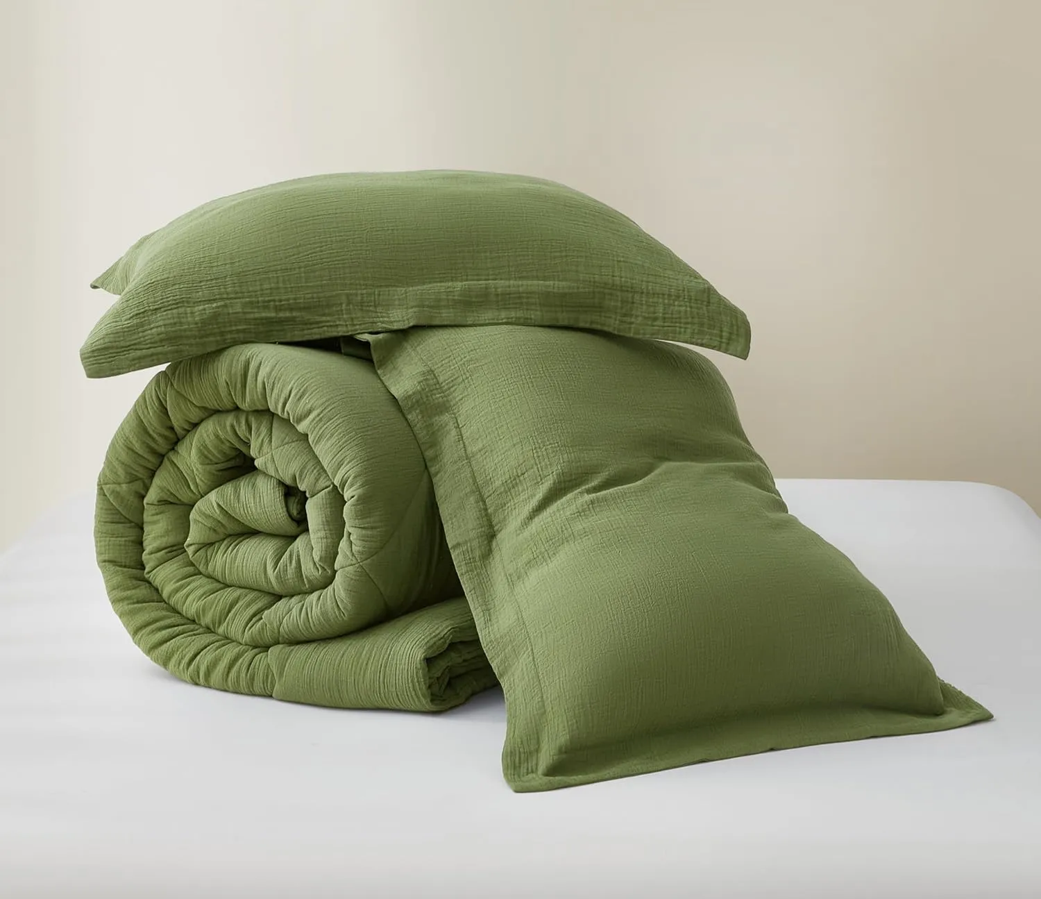 Chezmoi Collection Skye 3-Piece Breathable Lightweight Cotton Gauze Comforter Set Oversized King, Olive Green Reversible Soft Washed 100% Cotton Muslin Thin Comforter, 130GSM Fill Summer Blanket