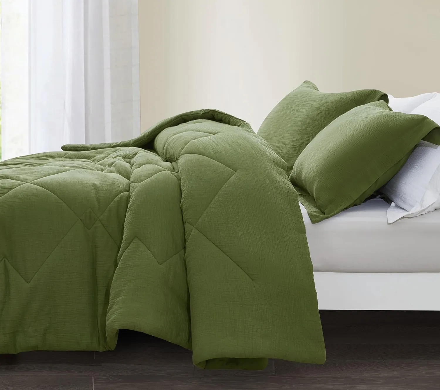 Chezmoi Collection Skye 3-Piece Breathable Lightweight Cotton Gauze Comforter Set Oversized King, Olive Green Reversible Soft Washed 100% Cotton Muslin Thin Comforter, 130GSM Fill Summer Blanket