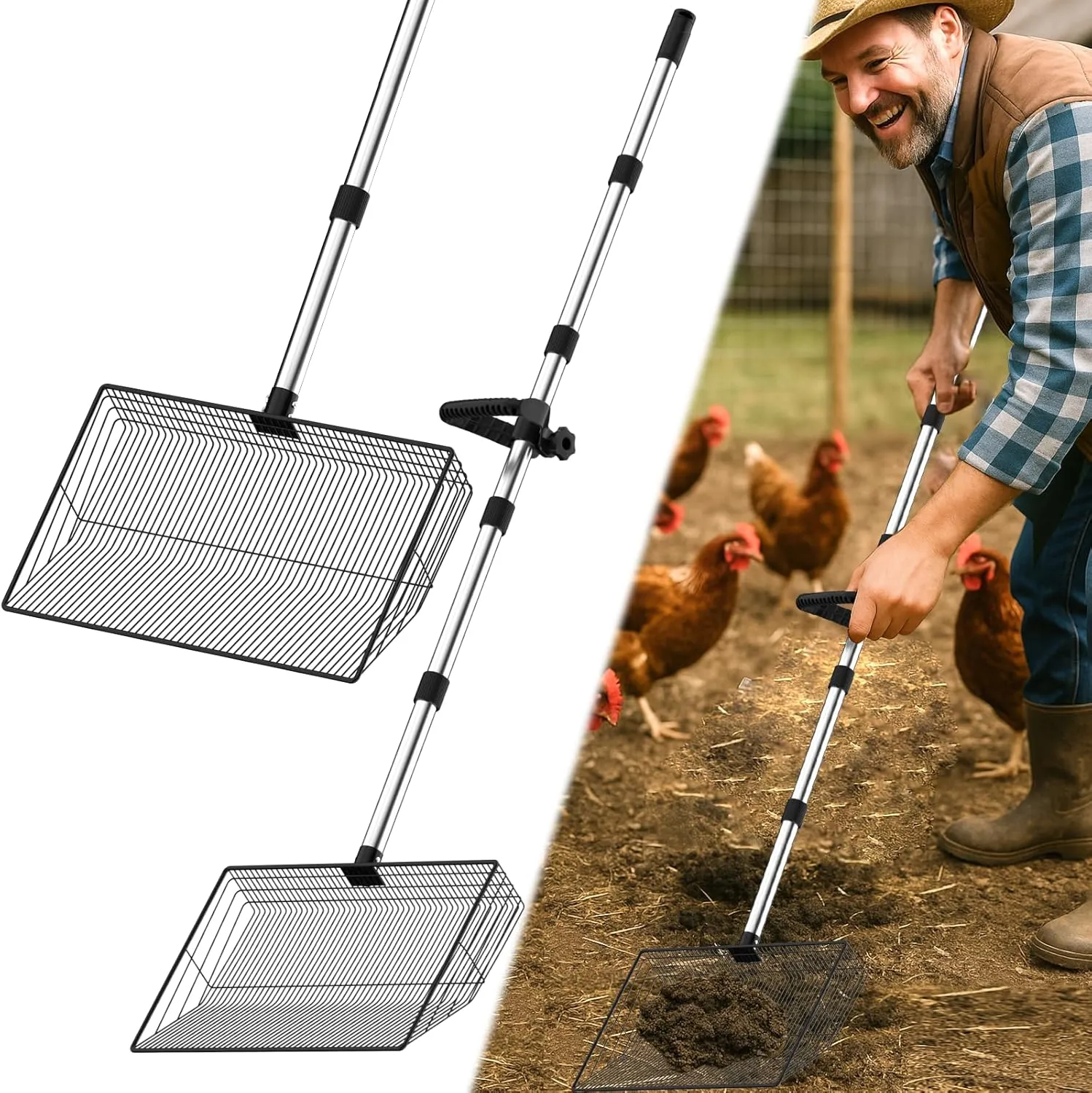 Chicken Poop Scooper, 10inch Large Chicken Coop Sifter Shovel, Stainless Chicken Coop Scoop for Sand, 23 to 76" Long Shovel Chicken Coop, Multifunctional Litter Scoop for Easy Cleaning (Large)