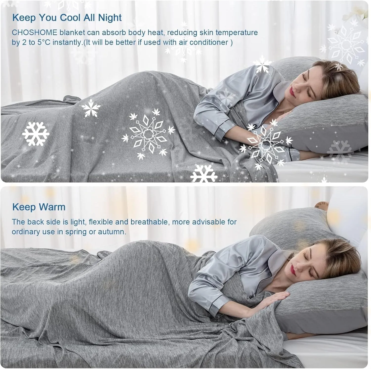 CHOSHOME Cooling Blanket for Hot Sleepers Lightweight Summer Cold Thin Blankets for Sleeping, Hot Flashes Night Sweats, Soft Blanket for Bed, Throw Size, Grey