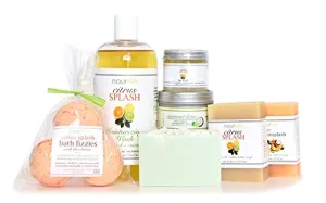 Citrus Medium Gift Set | 2 Bars of Soap, 3 oz Shea Butter Salt Scrub, Soy Candle, 3 Shea Butter Bath Bomb and a slice of handmade glycerin soap all in a ready to gift Nourish package