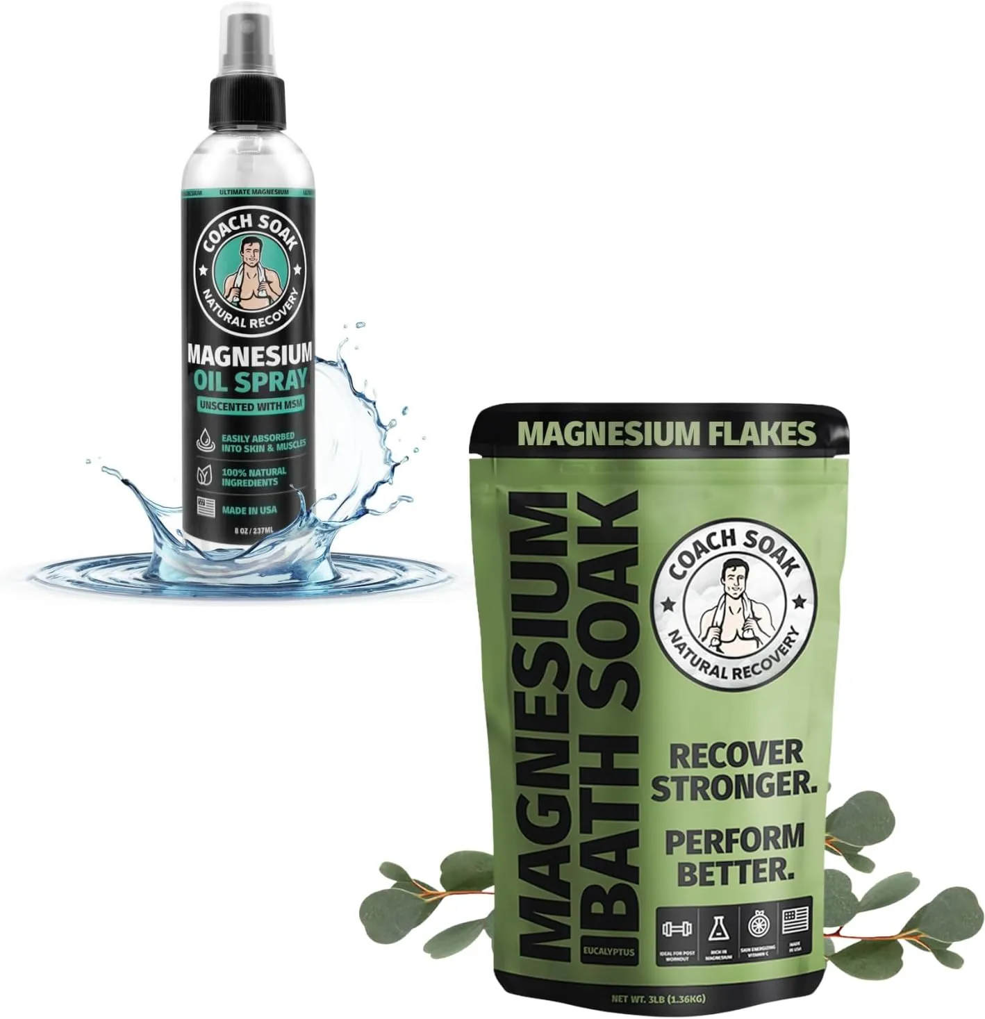 Coach Soak Eucalyptus Recovery Bath Soak & Magnesium Oil Spray with MSM - Fast-Absorbing Bath Salts with Dead Sea Minerals & Essential Oil, Plus 8oz Topical Spray for Muscles & Joints